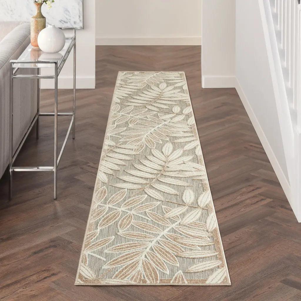 12' Gray And Ivory Floral Indoor Outdoor Runner Rug - GreatEagleInc