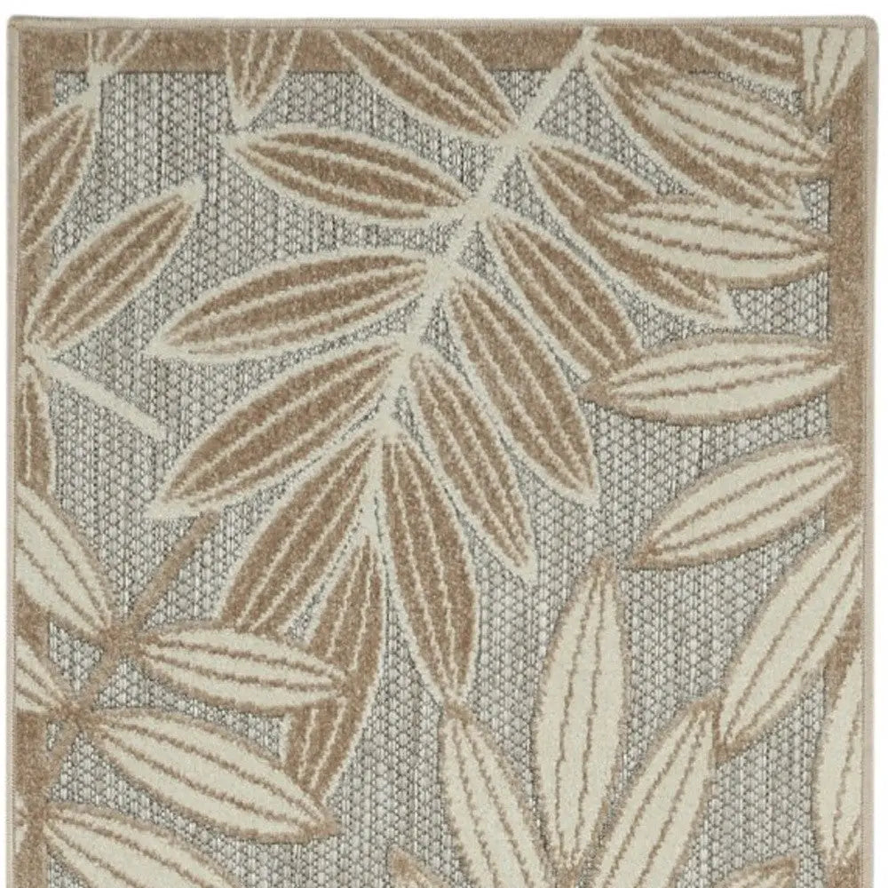 12' Gray And Ivory Floral Indoor Outdoor Runner Rug - GreatEagleInc