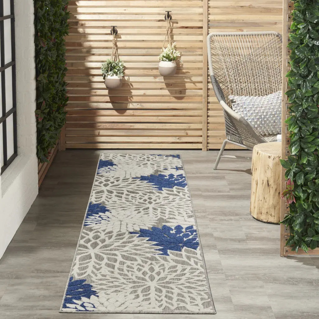 12' Ivory And Blue Indoor Outdoor Runner Rug Homeroots Outdoor