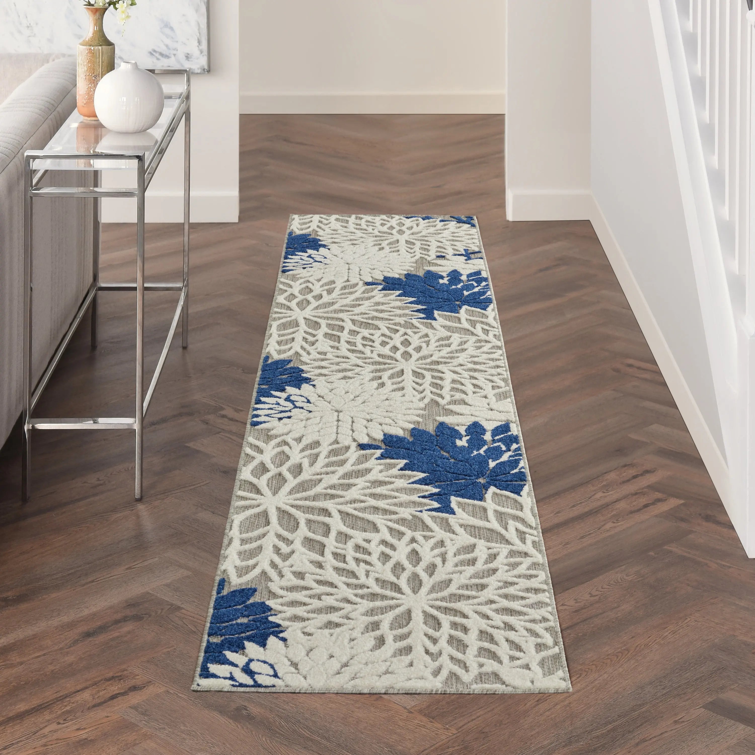 12' Ivory And Blue Indoor Outdoor Runner Rug Homeroots Outdoor