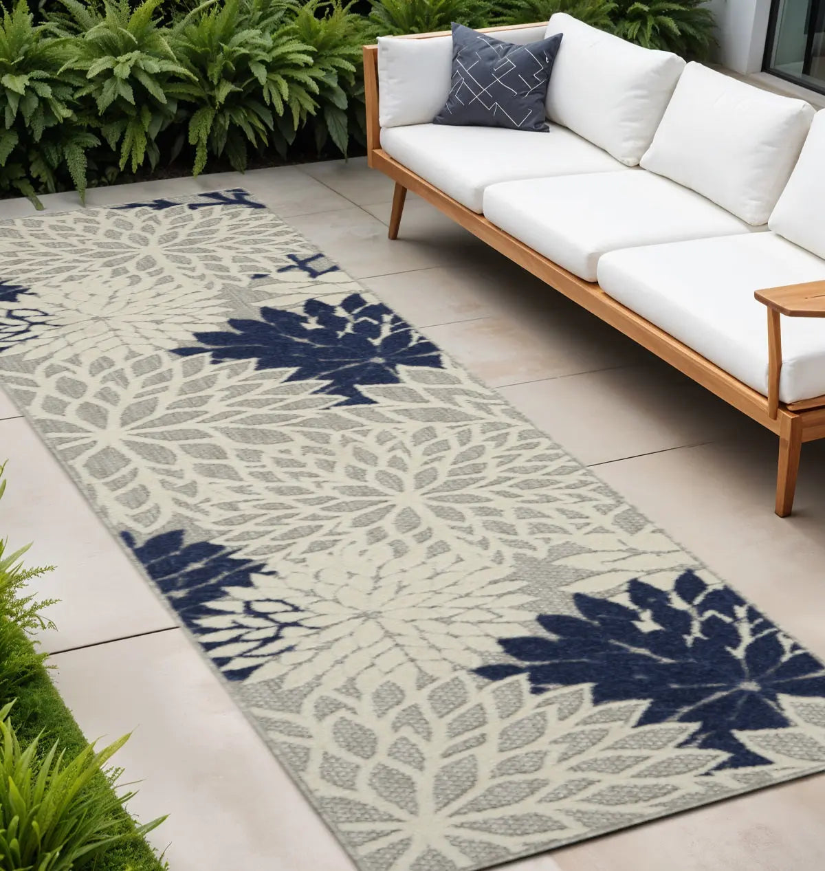 12' Ivory And Blue Indoor Outdoor Runner Rug Homeroots Outdoor