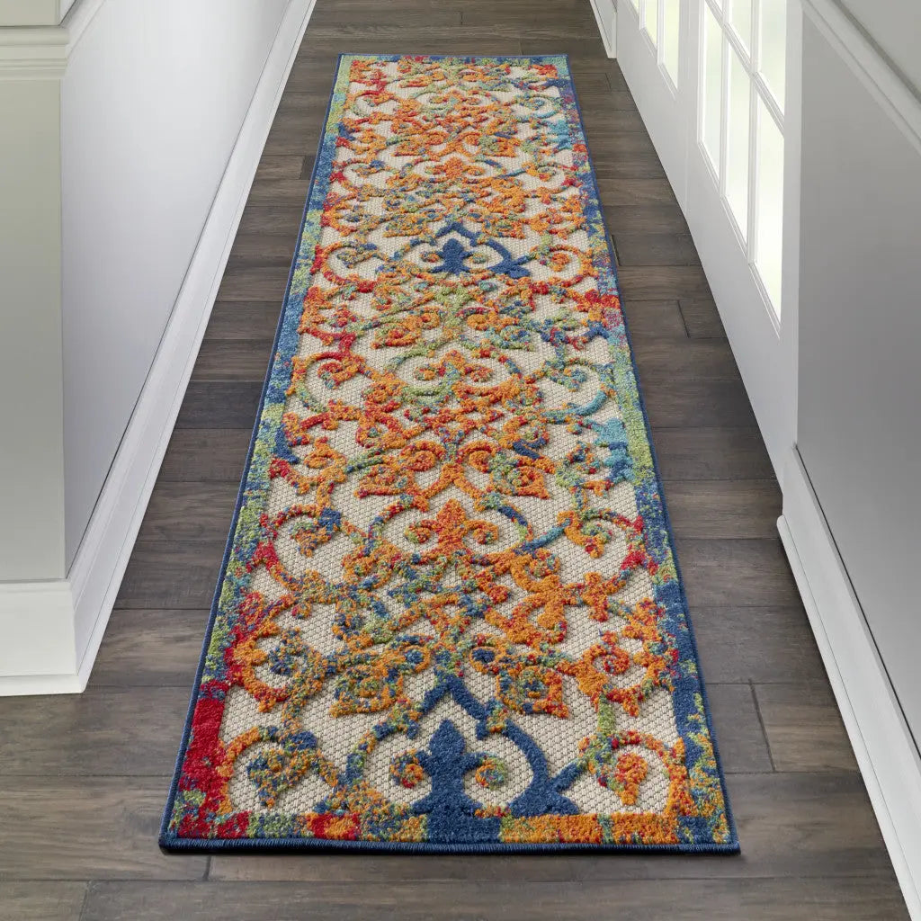 12' Ivory And Blue Indoor Outdoor Runner Rug Homeroots Outdoor