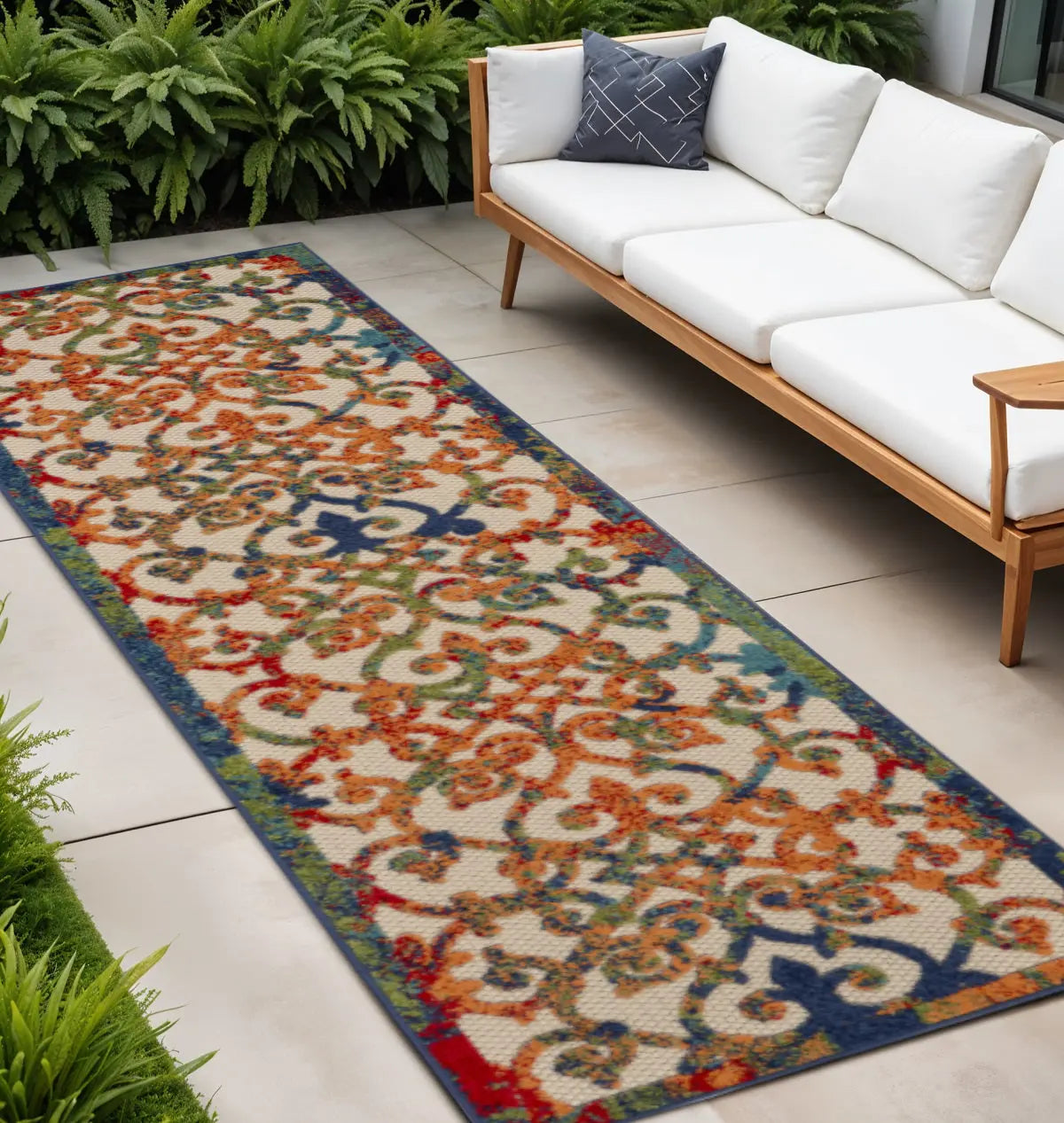 12' Ivory And Blue Indoor Outdoor Runner Rug Homeroots Outdoor
