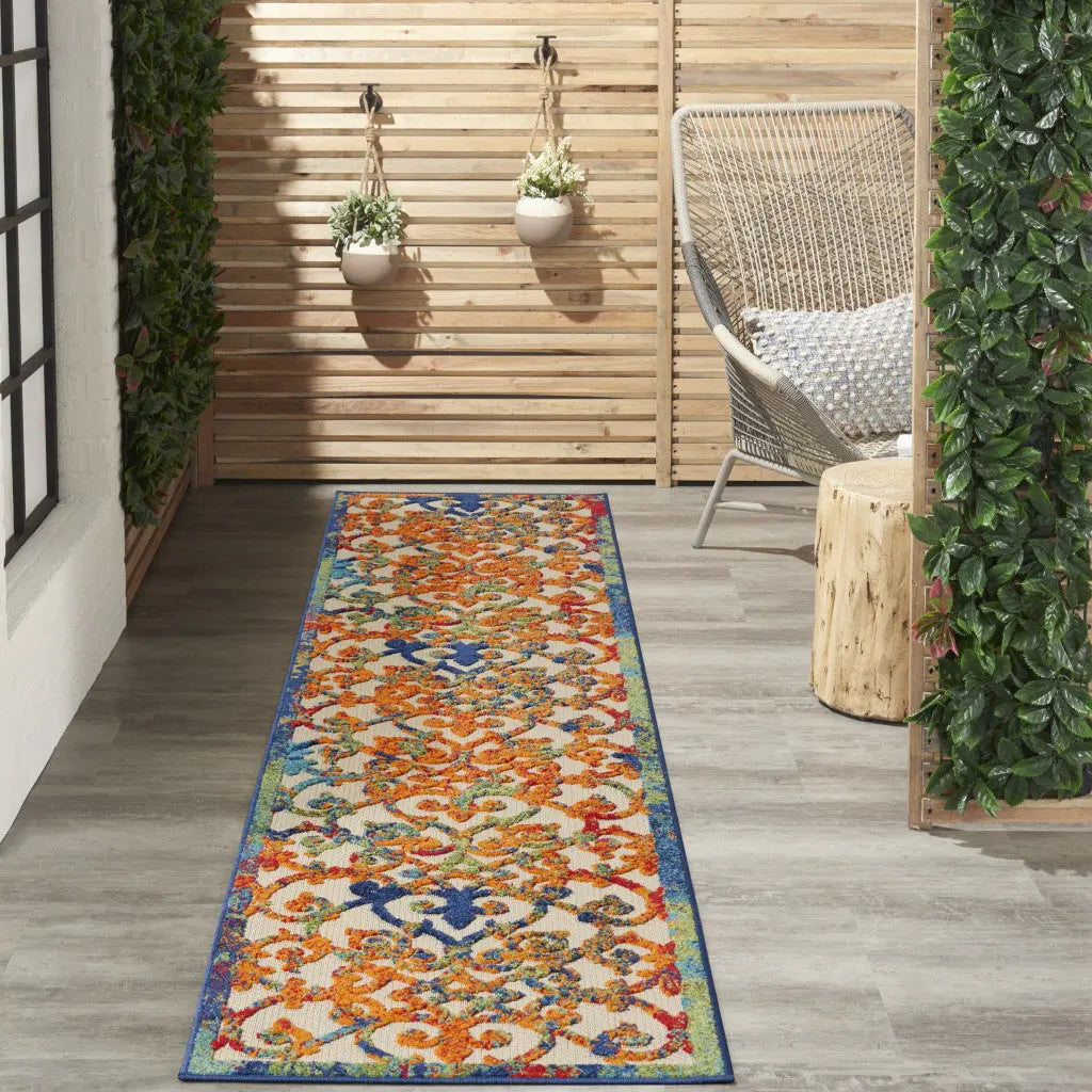 12' Ivory And Blue Indoor Outdoor Runner Rug Homeroots Outdoor