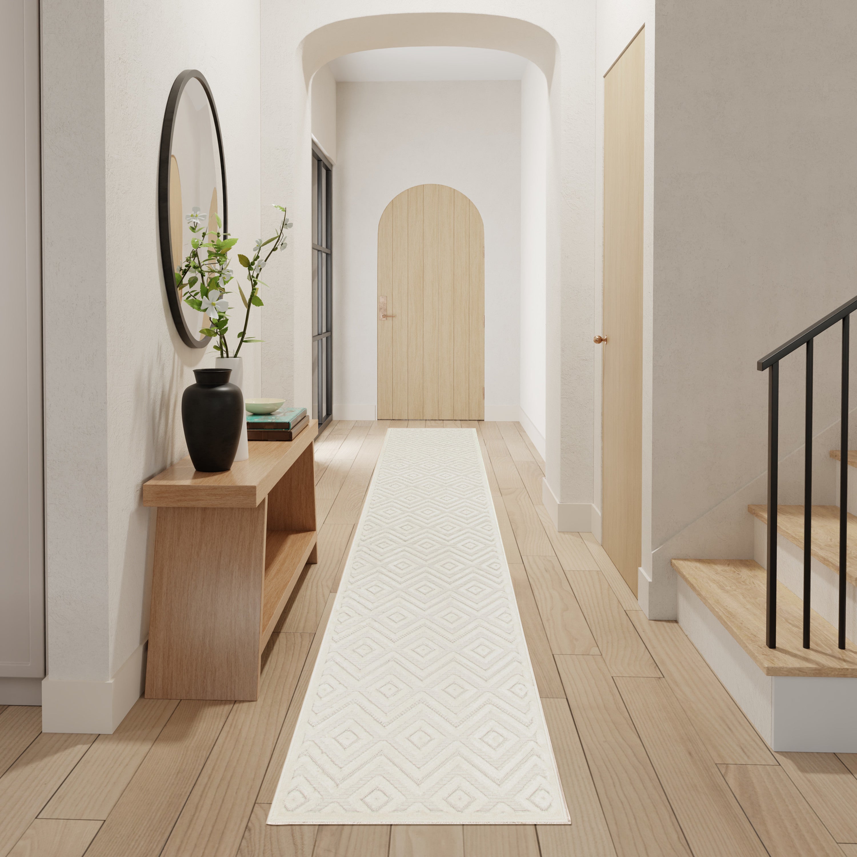 12' Ivory And White Geometric Indoor Outdoor Runner Rug Homeroots Outdoor