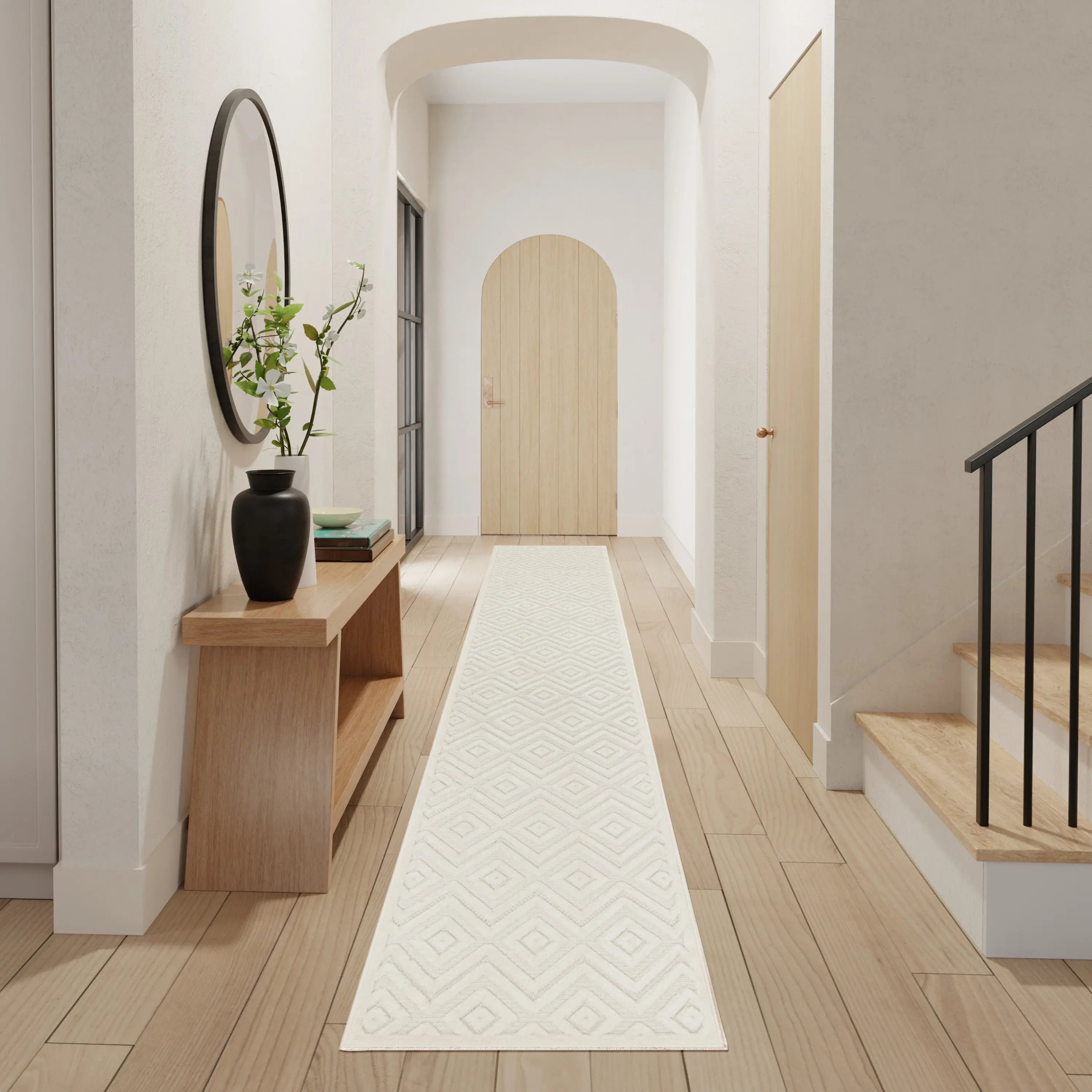 12' Ivory And White Geometric Indoor Outdoor Runner Rug Homeroots Outdoor
