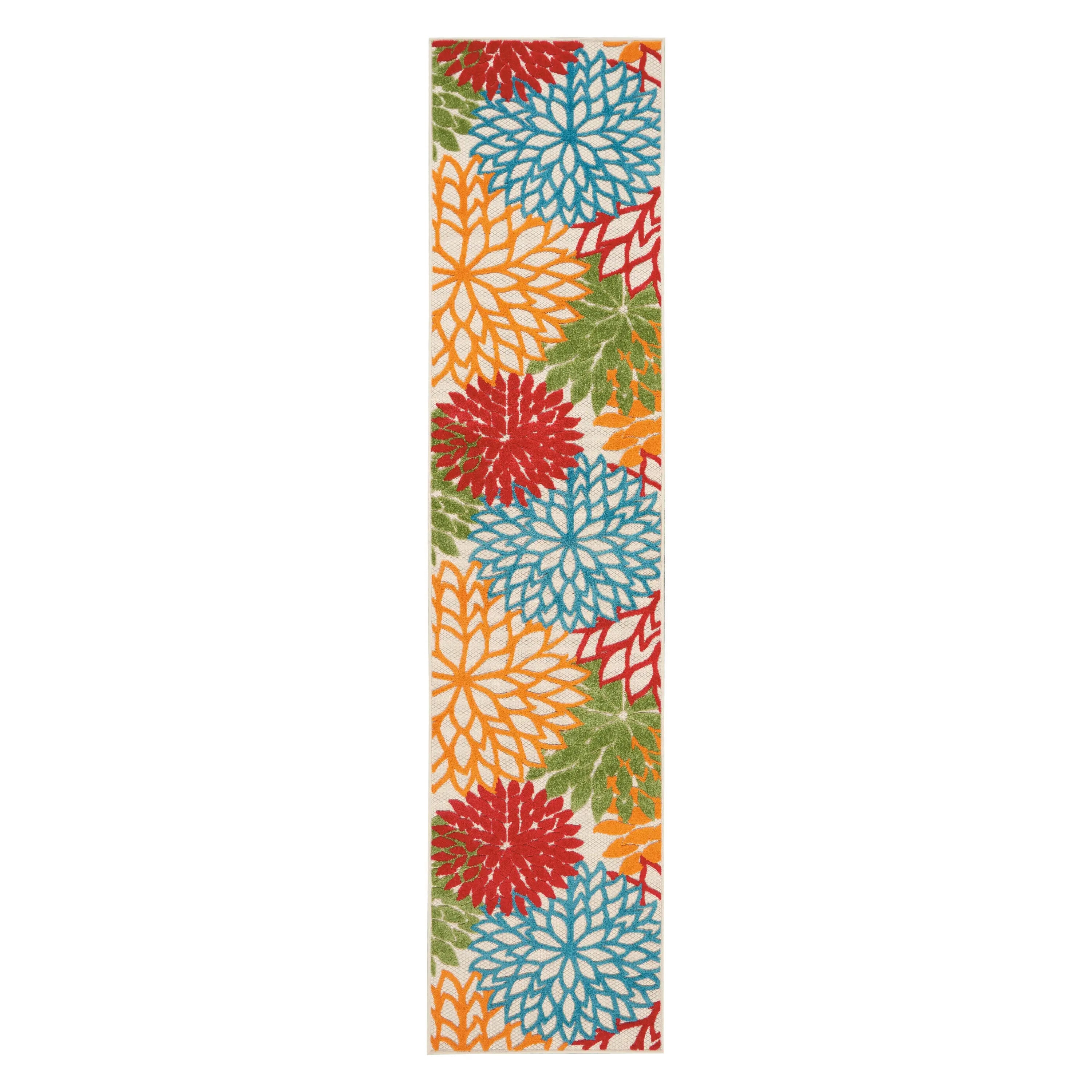 12' Ivory Green Blue Red And Orange Floral Indoor Outdoor Runner Rug Homeroots Outdoor