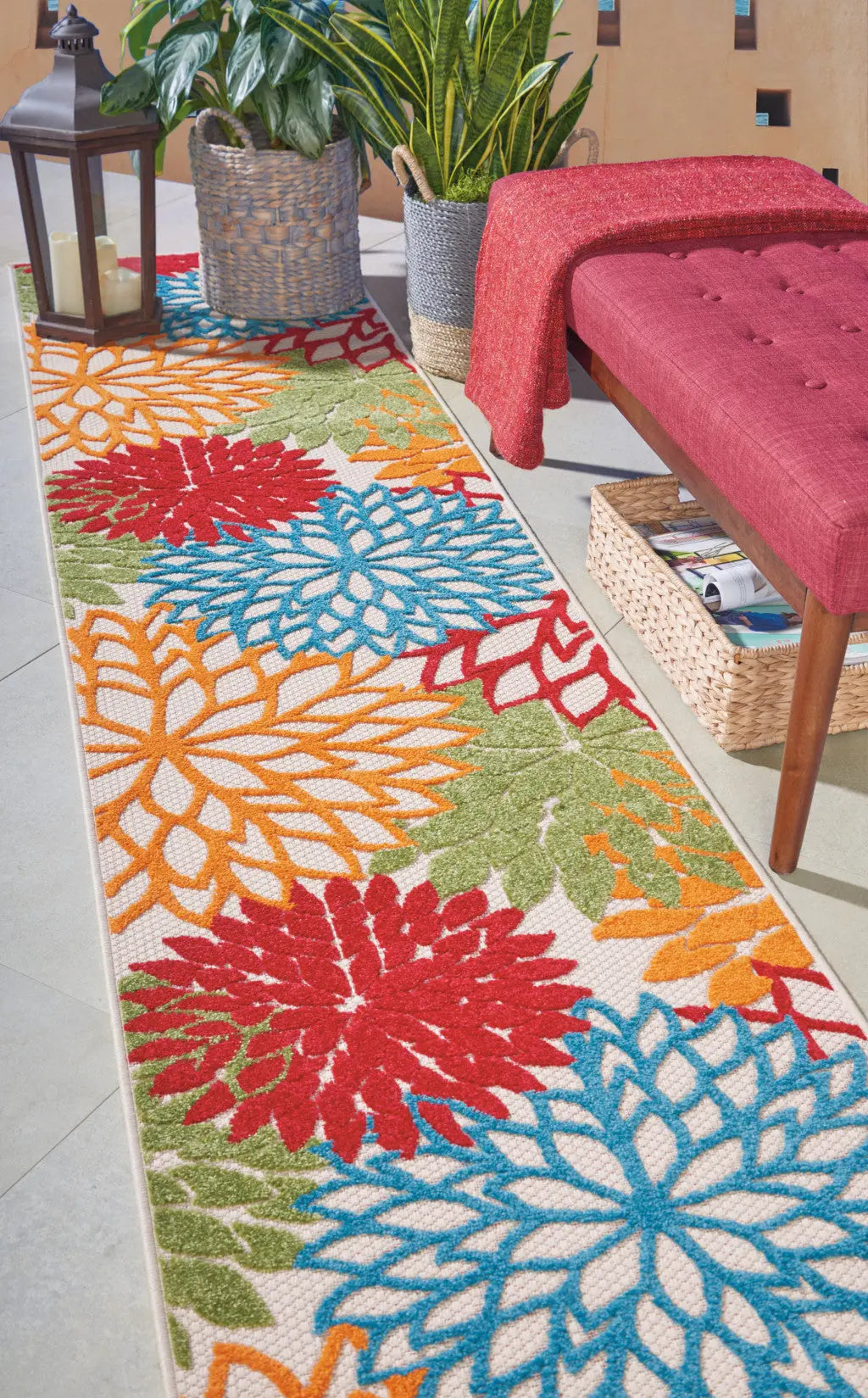 12' Ivory Green Blue Red And Orange Floral Indoor Outdoor Runner Rug Homeroots Outdoor