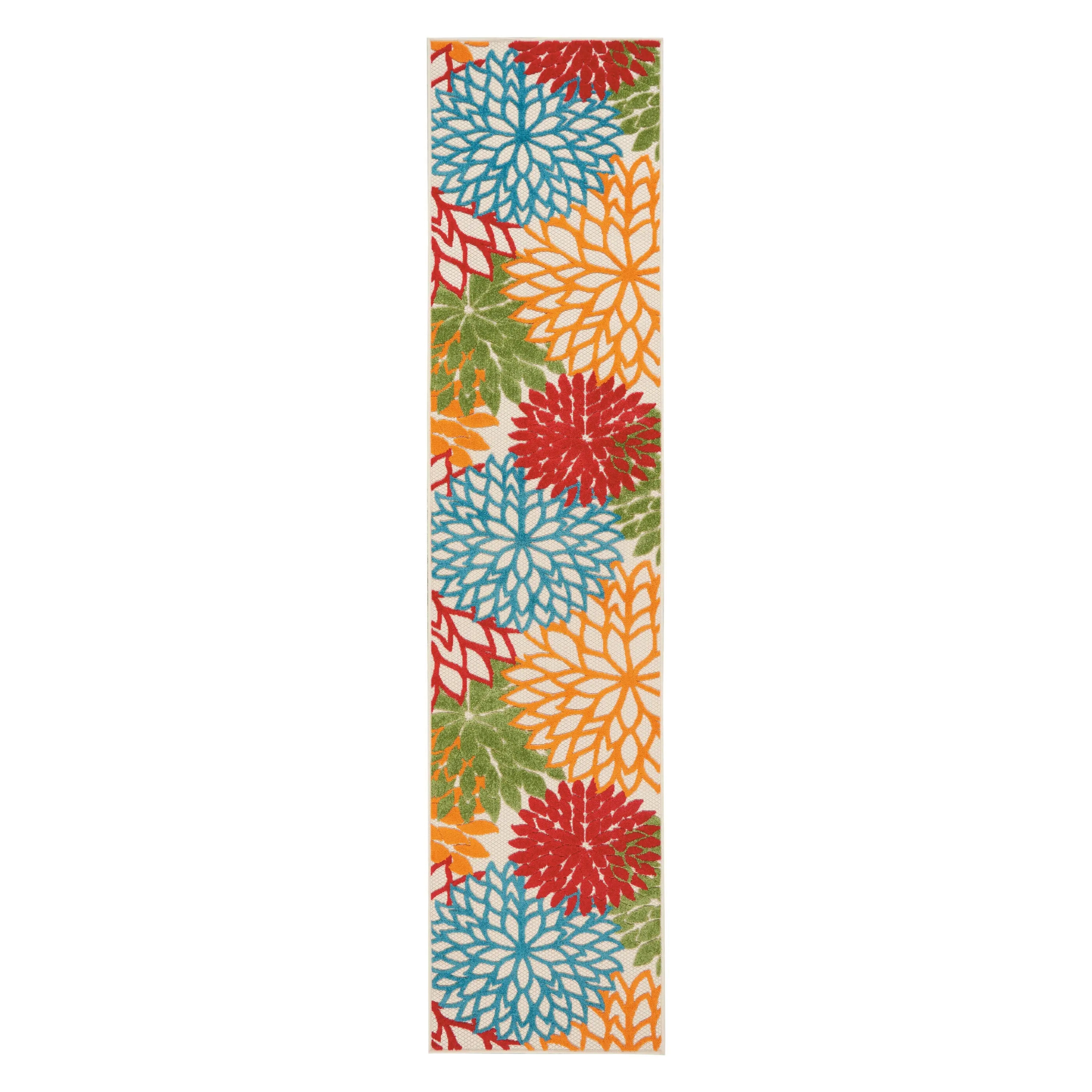 12' Ivory Green Blue Red And Orange Floral Indoor Outdoor Runner Rug Homeroots Outdoor