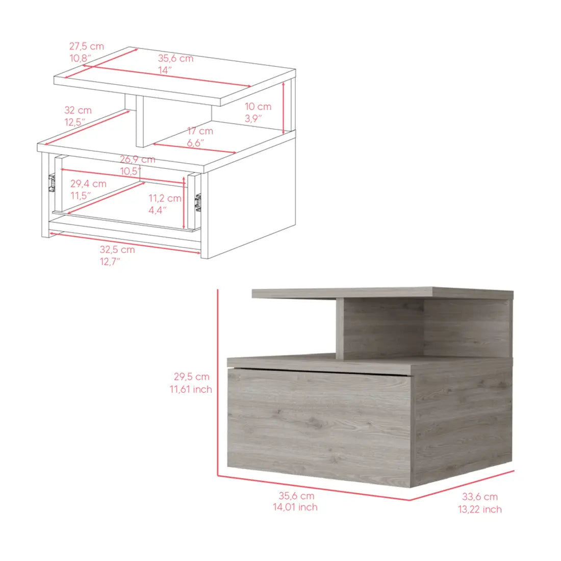 12" Light Gray Wood One Drawer Nightstand Homeroots Bed & Bath