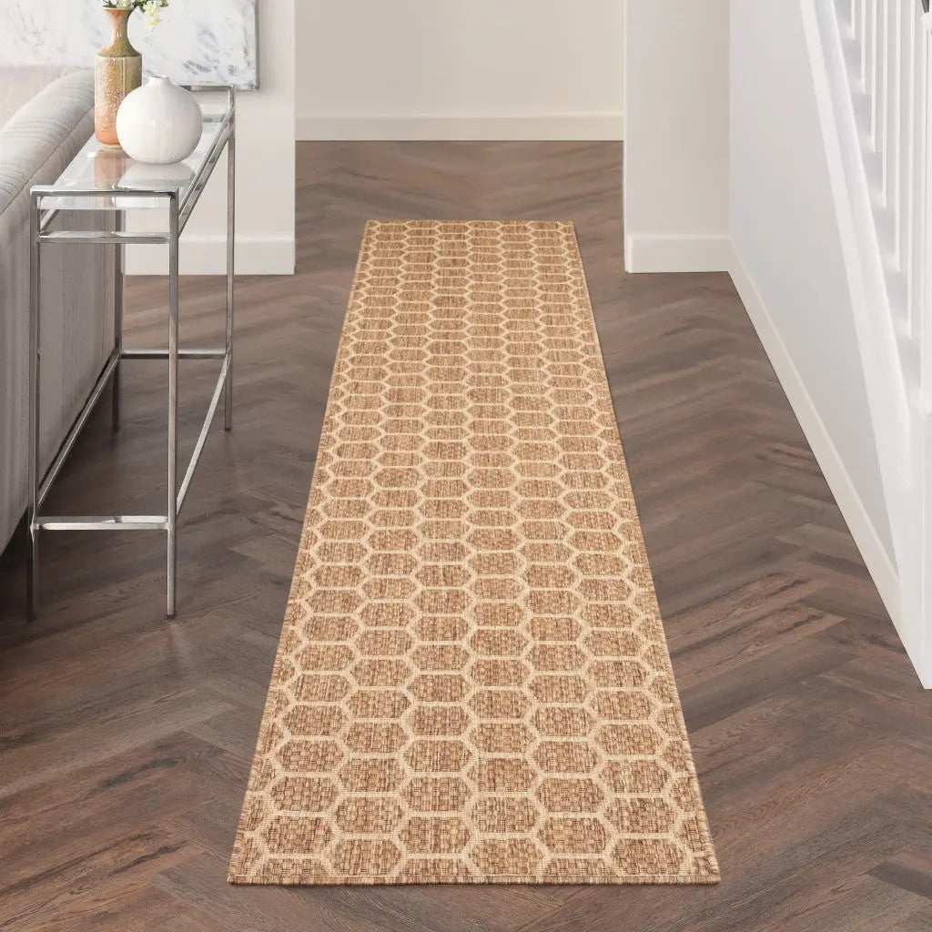 12' Natural And Beige Geometric Indoor Outdoor Runner Rug Homeroots Outdoor