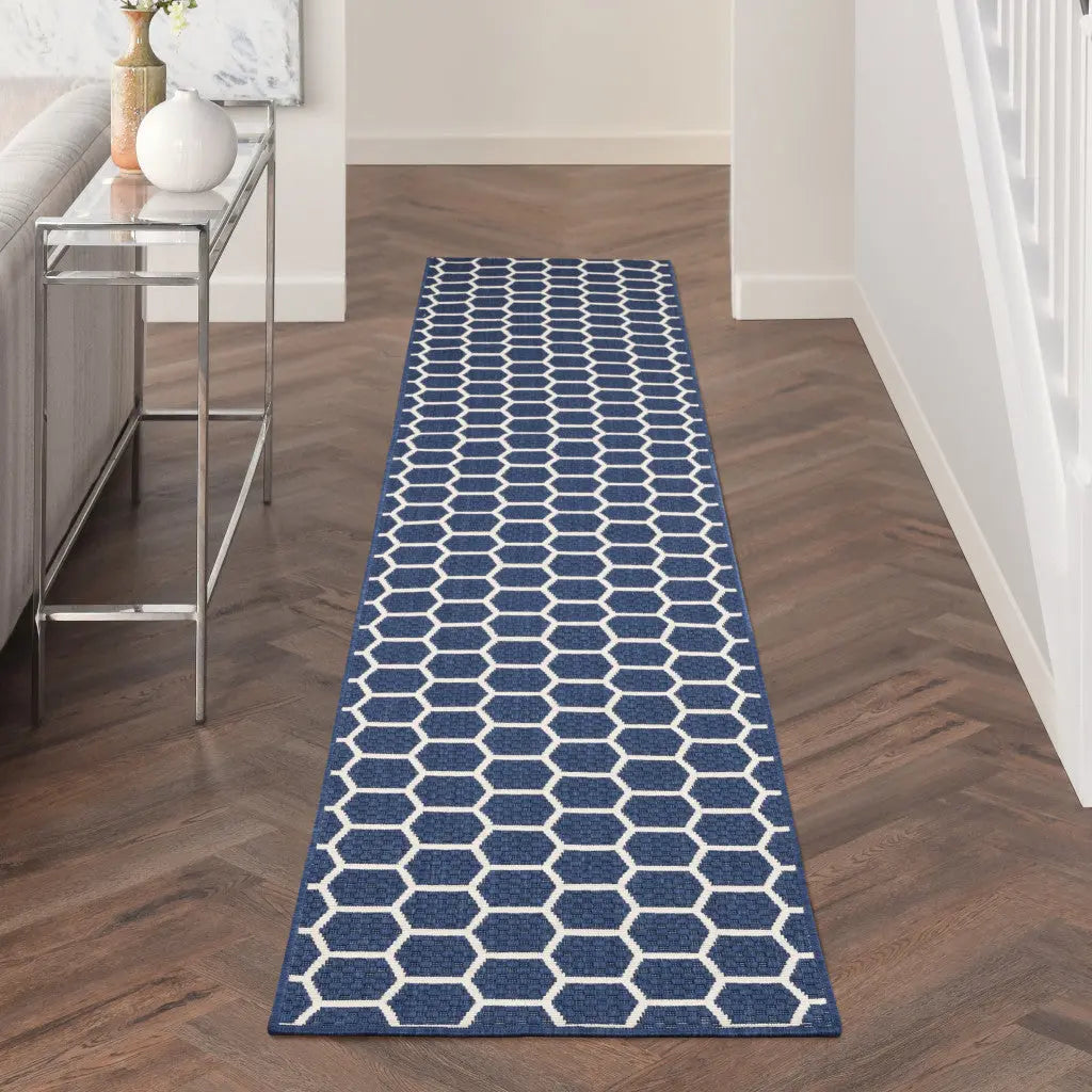 12' Navy Blue And Ivory Geometric Indoor Outdoor Runner Rug Homeroots Outdoor