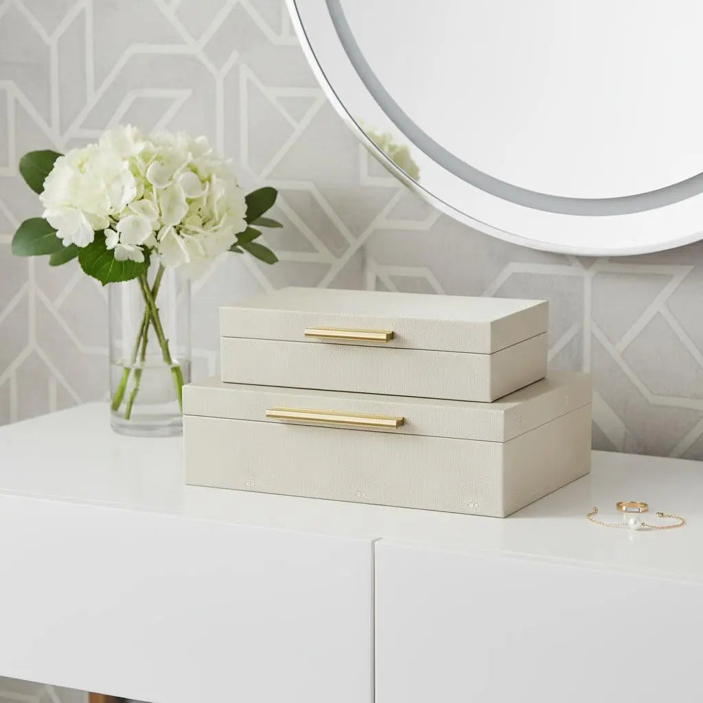 12" Set Of Two Cream Solid Wood Jewelry Box With Decorative Hardware Homeroots Organization