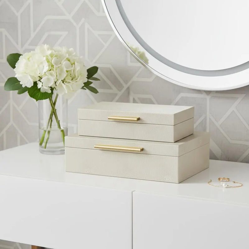 12" Set Of Two Cream Solid Wood Jewelry Box With Decorative Hardware Homeroots Organization