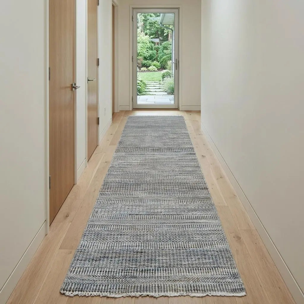 12' Silver And Brown Wool Striped Shag Hand Knotted Runner Rug Homeroots Home Decor
