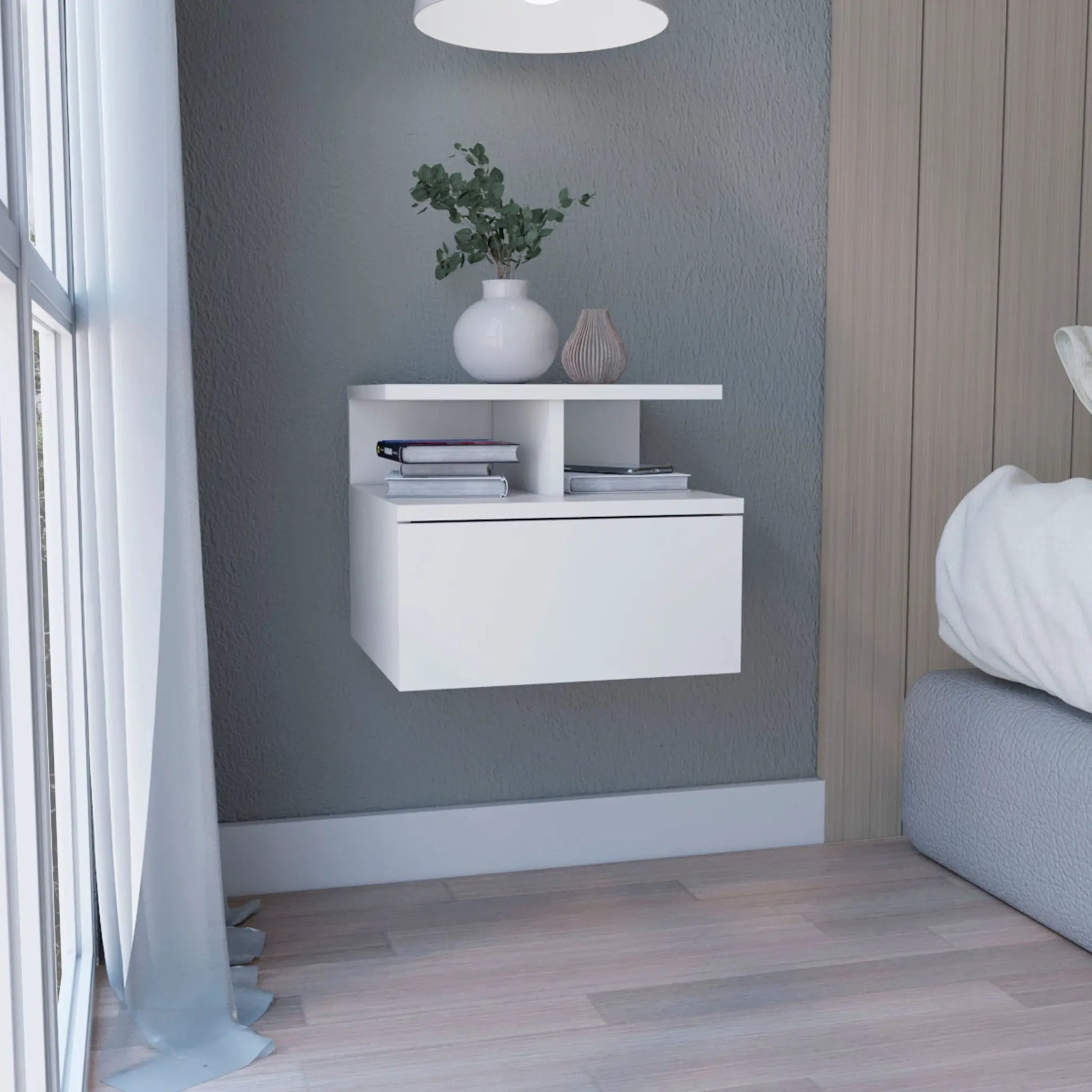 12" White Wood One Drawer Floating Nightstand Homeroots Bed & Bath