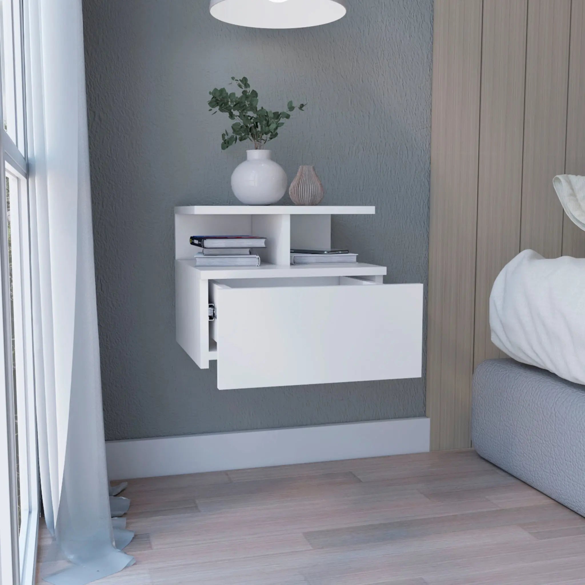 12" White Wood One Drawer Floating Nightstand Homeroots Bed & Bath
