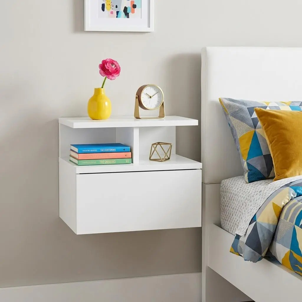 12" White Wood One Drawer Floating Nightstand Homeroots Bed & Bath