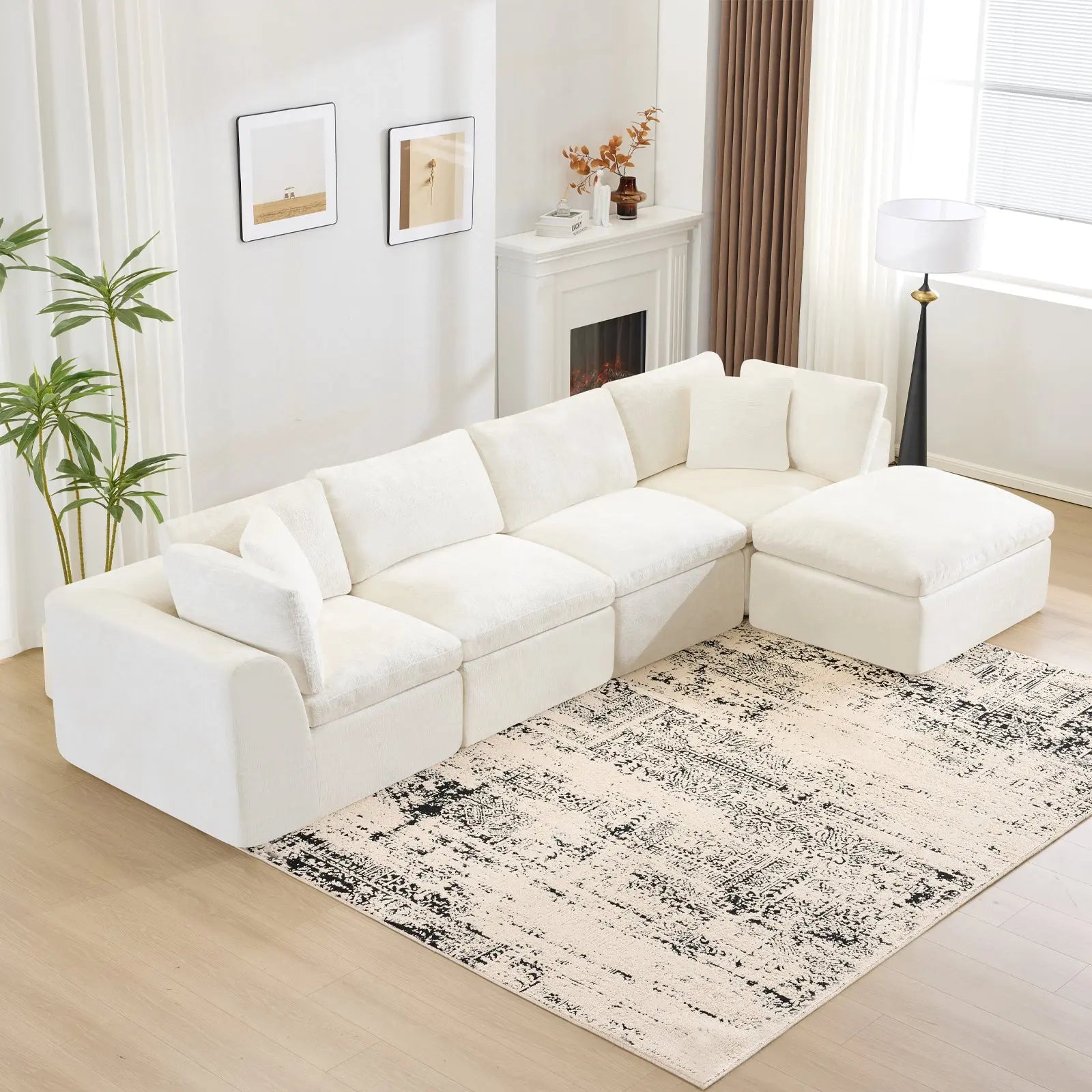 138" Beige Chenille Modular Sofa With Ottoman And Toss Pillows Homeroots Living Room