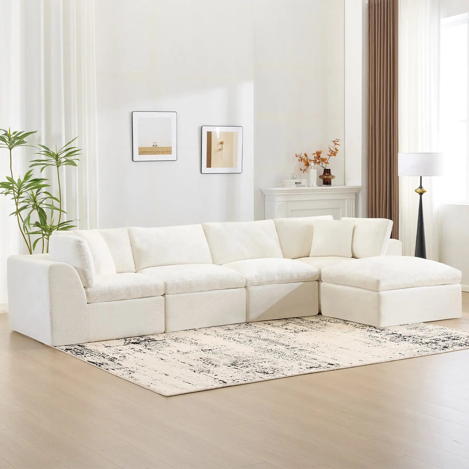 138" Beige Chenille Modular Sofa With Ottoman And Toss Pillows Homeroots Living Room