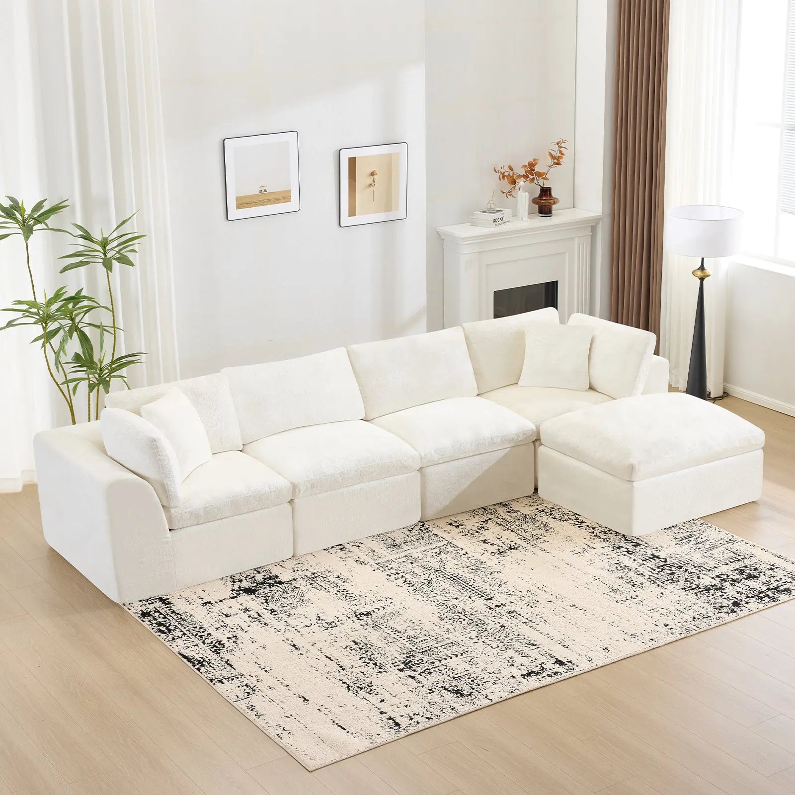 138" Beige Chenille Modular Sofa With Ottoman And Toss Pillows Homeroots Living Room