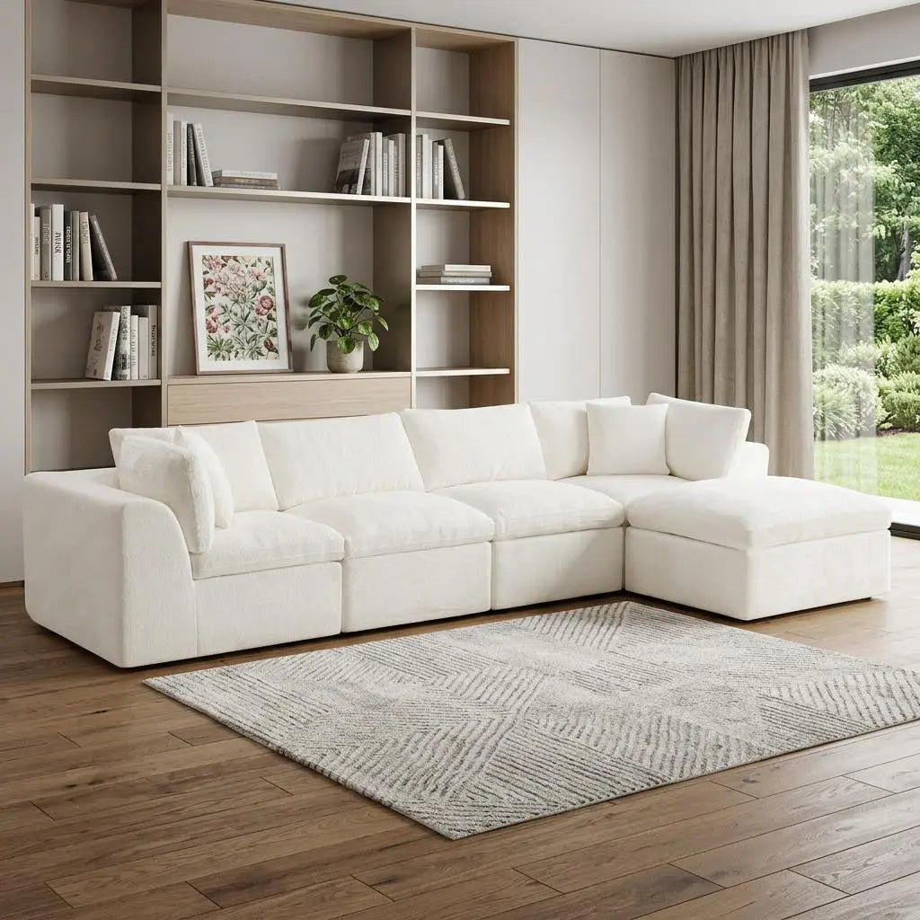 138" Beige Chenille Modular Sofa With Ottoman And Toss Pillows Homeroots Living Room