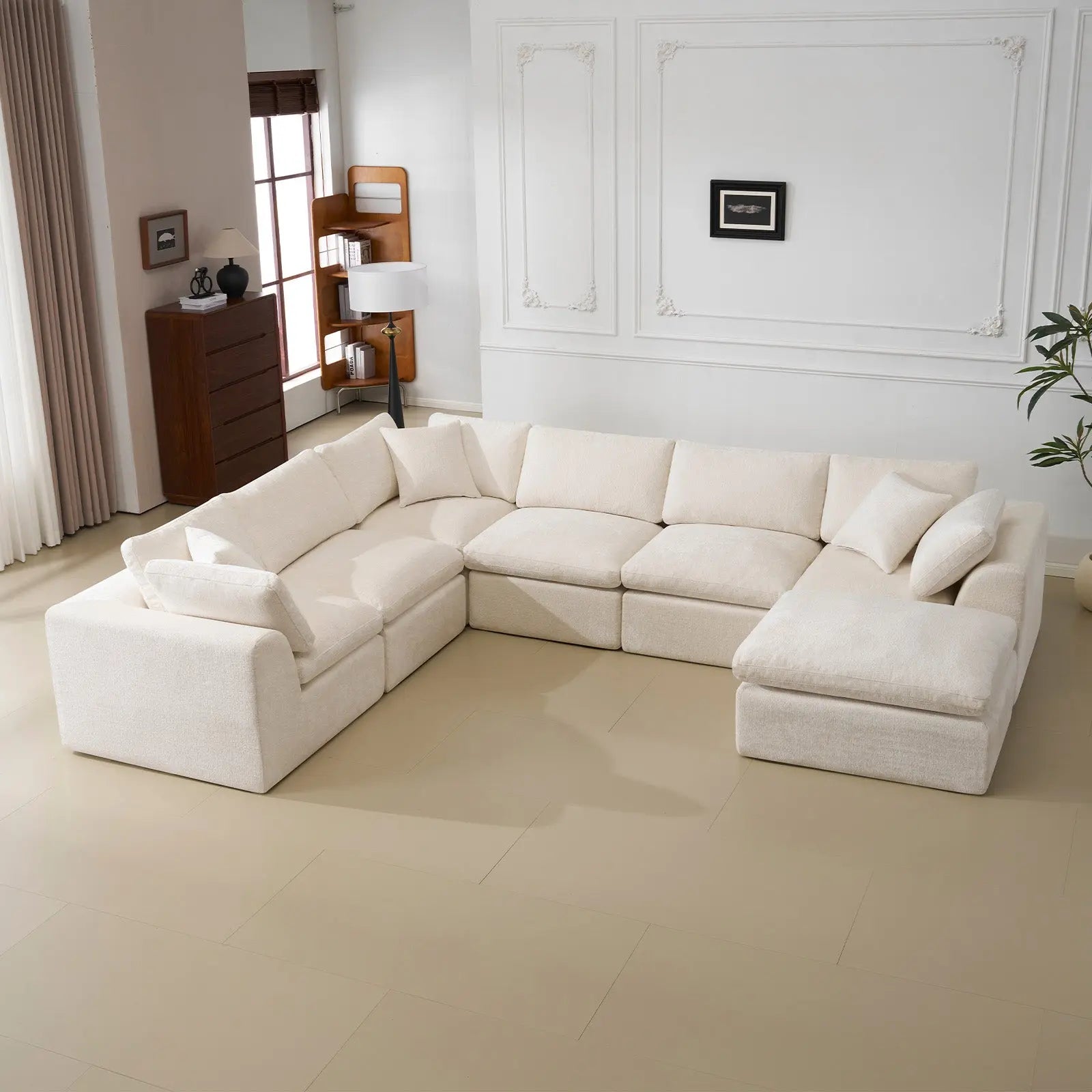 138" Beige Chenille Modular Sofa With Ottoman And Toss Pillows Homeroots Living Room