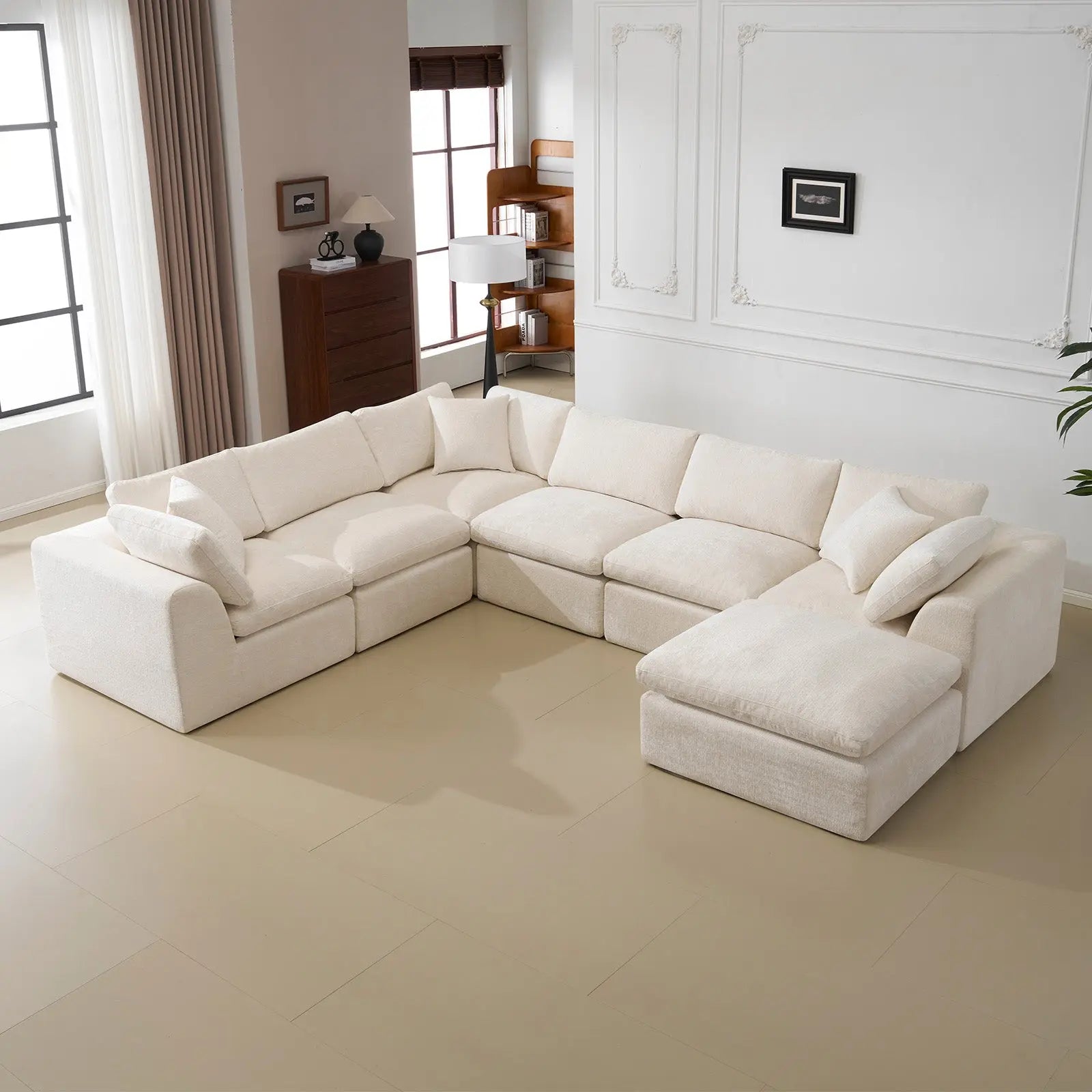 138" Beige Chenille Modular Sofa With Ottoman And Toss Pillows Homeroots Living Room