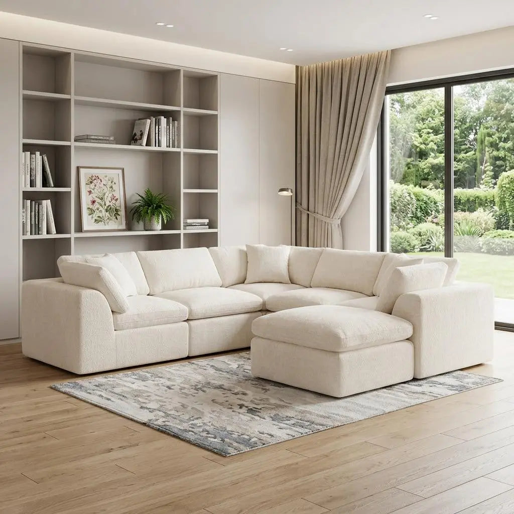 138" Beige Chenille Modular Sofa With Ottoman And Toss Pillows Homeroots Living Room