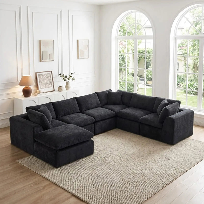 138" Black Chenille Modular Sofa Chaise With Ottoman And Toss Pillows Homeroots Living Room