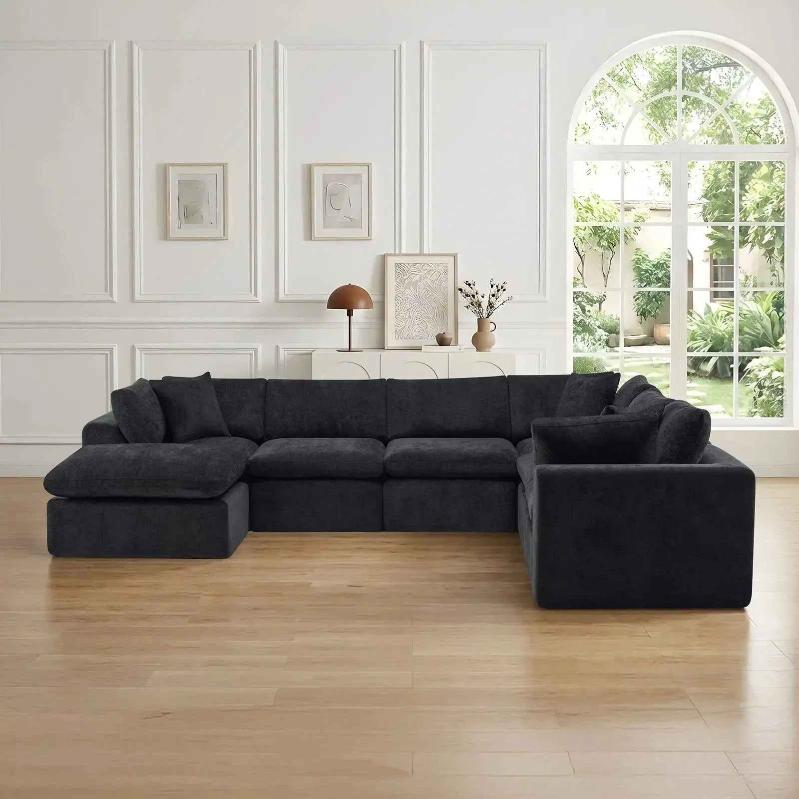 138" Black Chenille Modular Sofa Chaise With Ottoman And Toss Pillows Homeroots Living Room