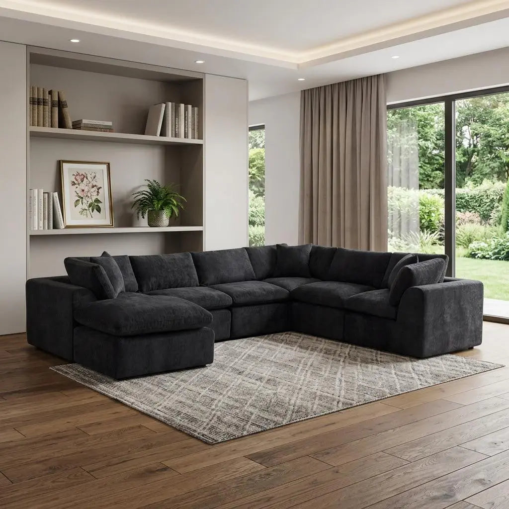 138" Black Chenille Modular Sofa Chaise With Ottoman And Toss Pillows Homeroots Living Room