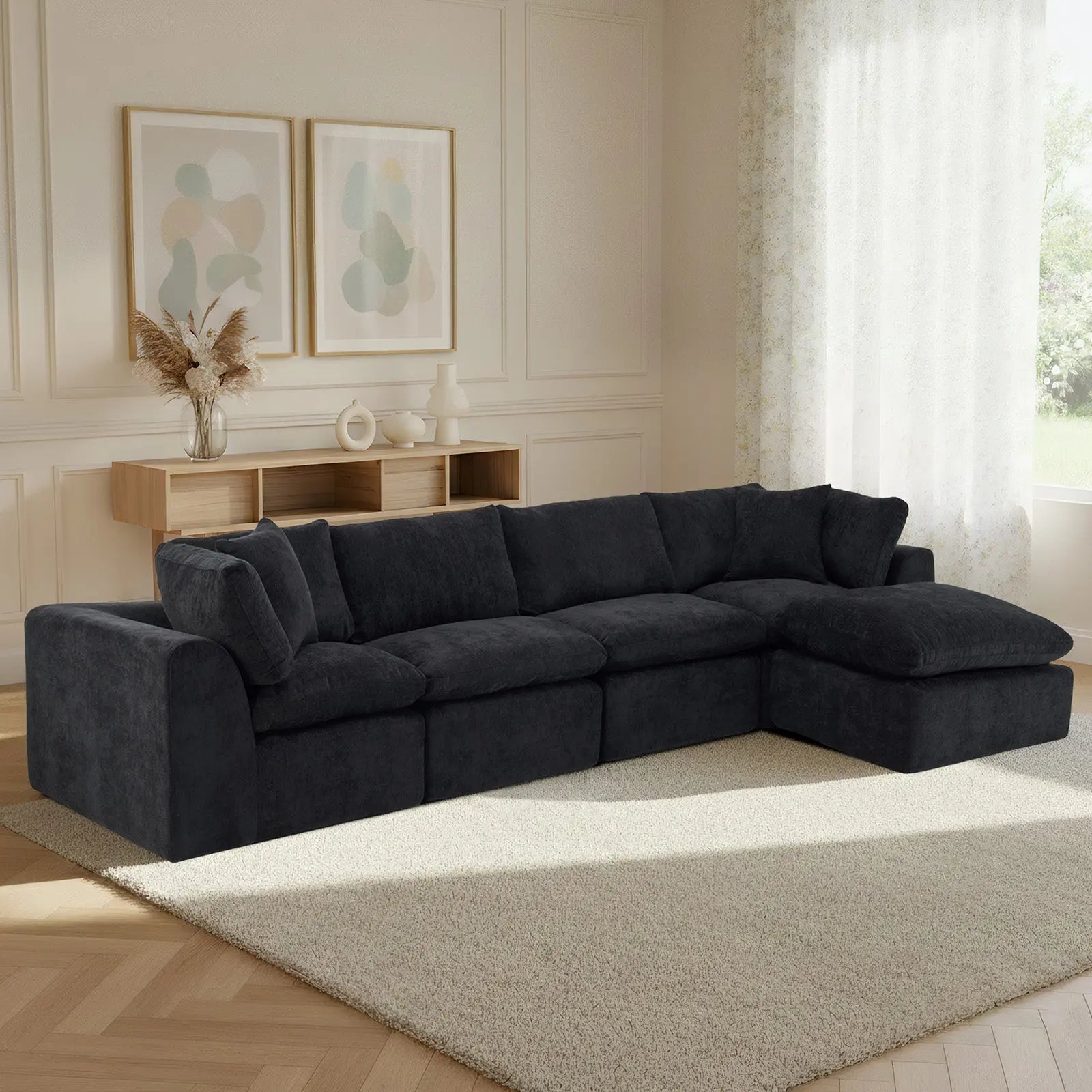 138" Black Chenille Modular Sofa With Ottoman And Toss Pillows Homeroots Living Room