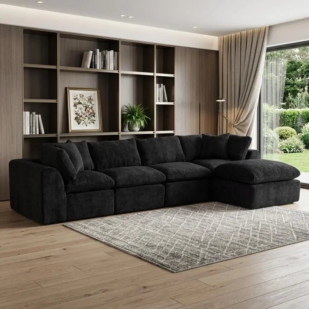 138" Black Chenille Modular Sofa With Ottoman And Toss Pillows Homeroots Living Room