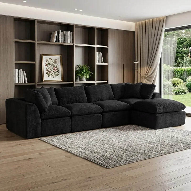 138" Black Chenille Modular Sofa With Ottoman And Toss Pillows Homeroots Living Room