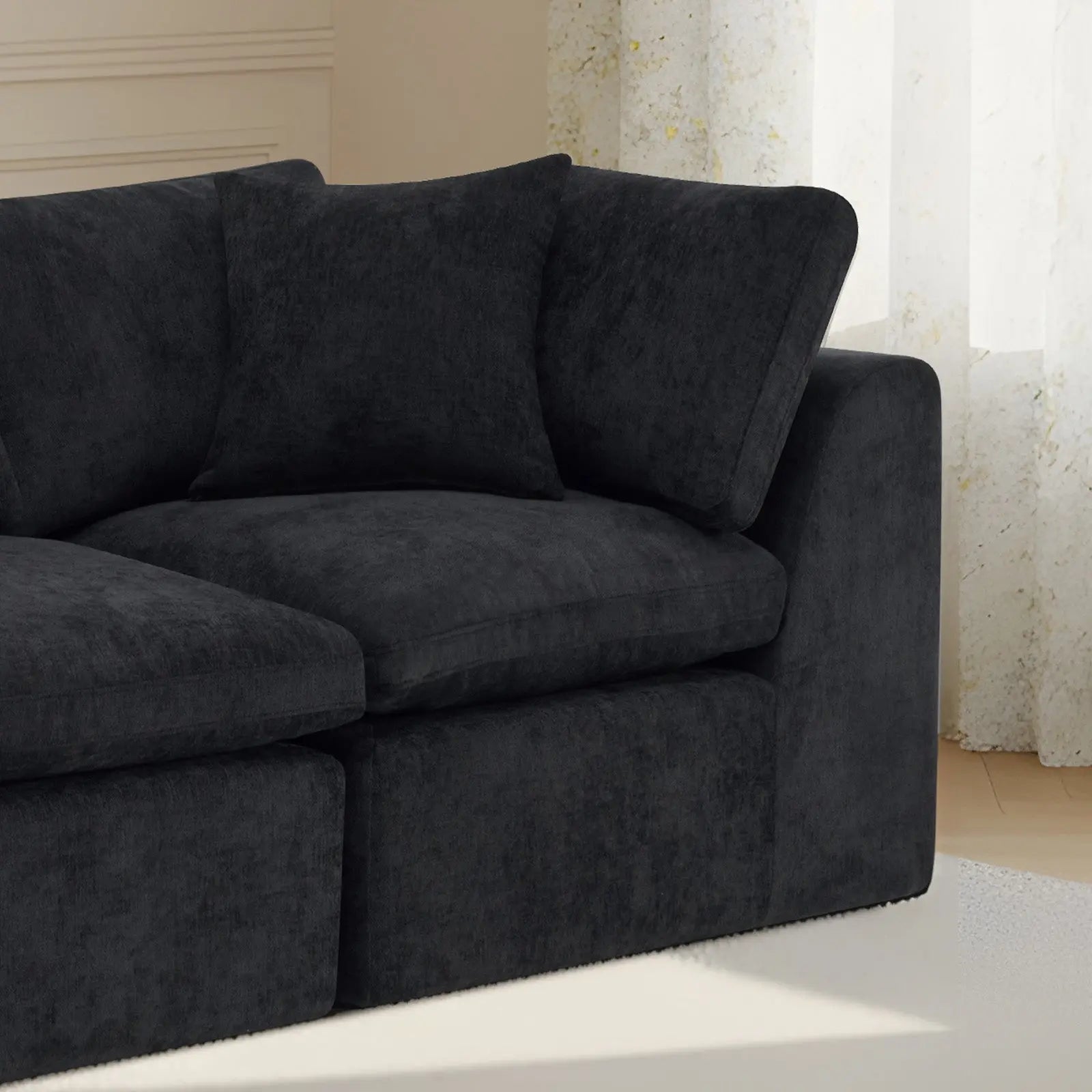 138" Black Chenille Modular Sofa With Ottoman And Toss Pillows Homeroots Living Room