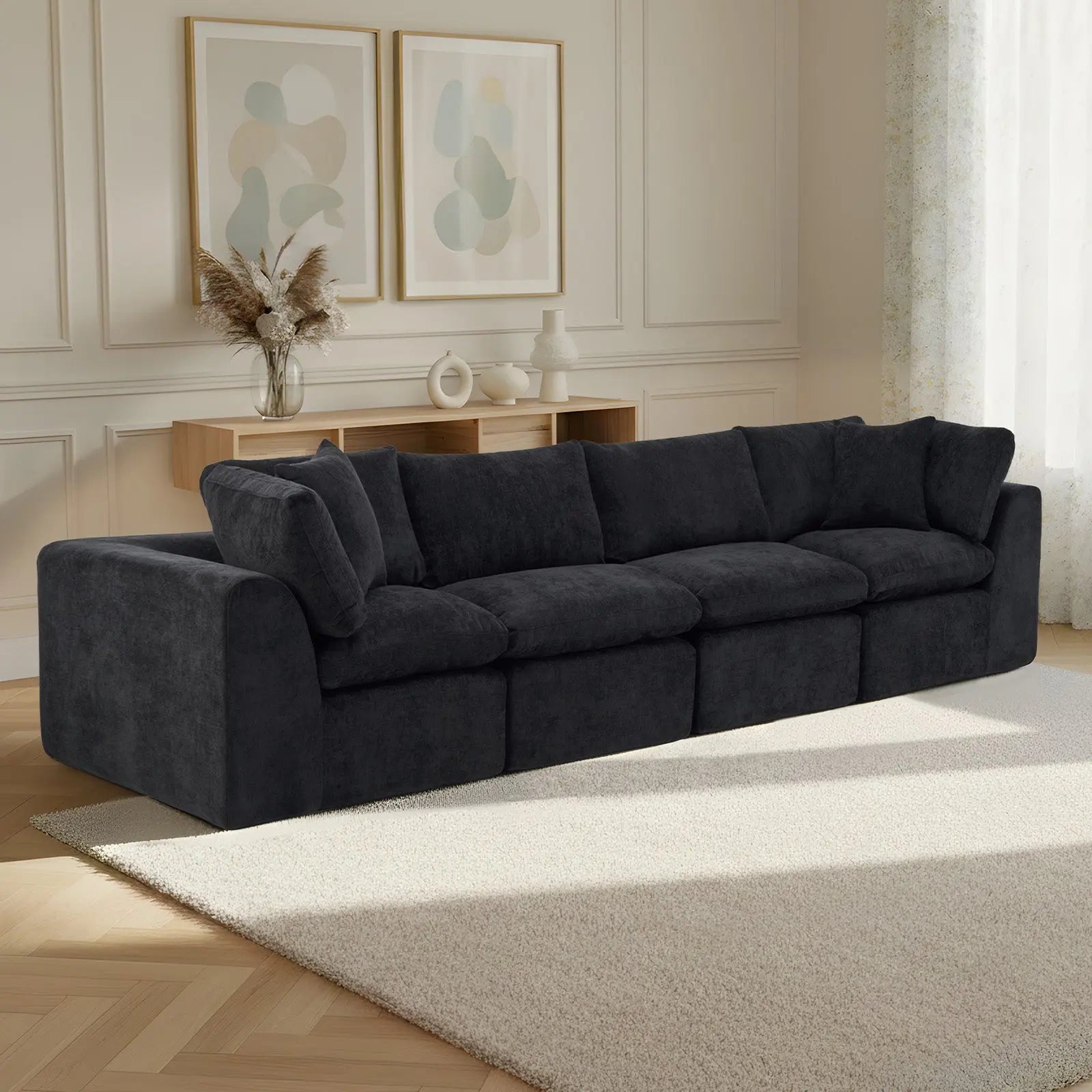 138" Black Chenille Modular Sofa With Toss Pillows Homeroots Living Room
