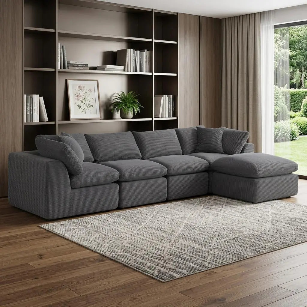 138" Dark Gray Corduroy Modular Sofa With Ottoman And Toss Pillows Homeroots Living Room