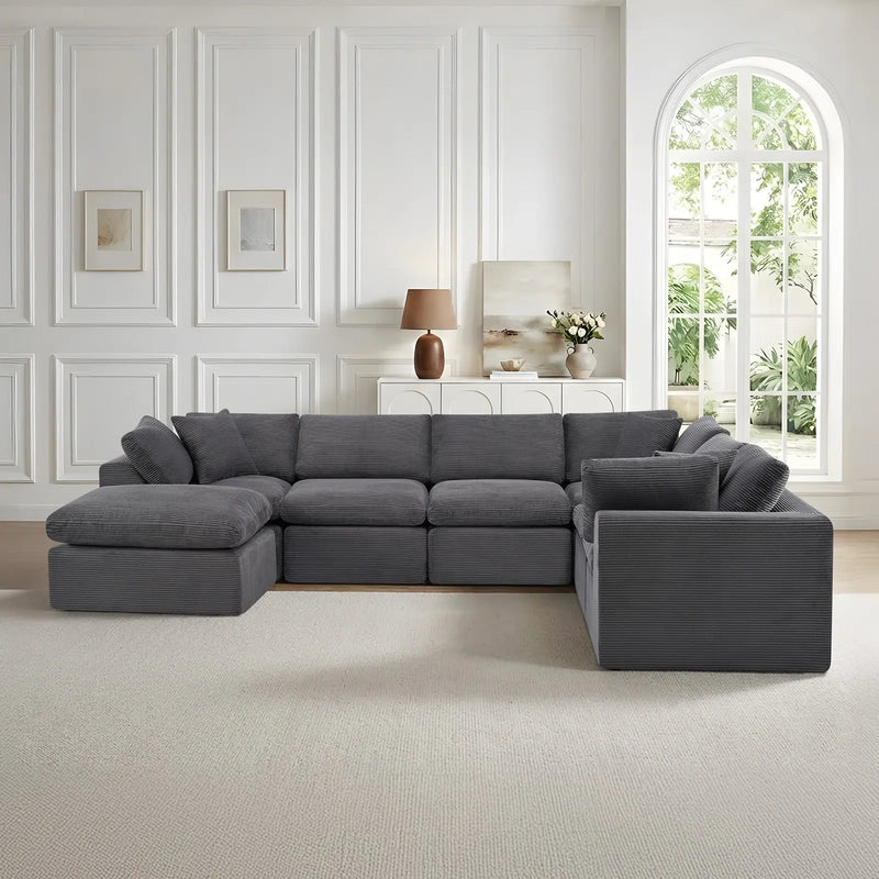 138" Dark Gray Corduroy Modular Sofa With Ottoman And Toss Pillows Homeroots Living Room
