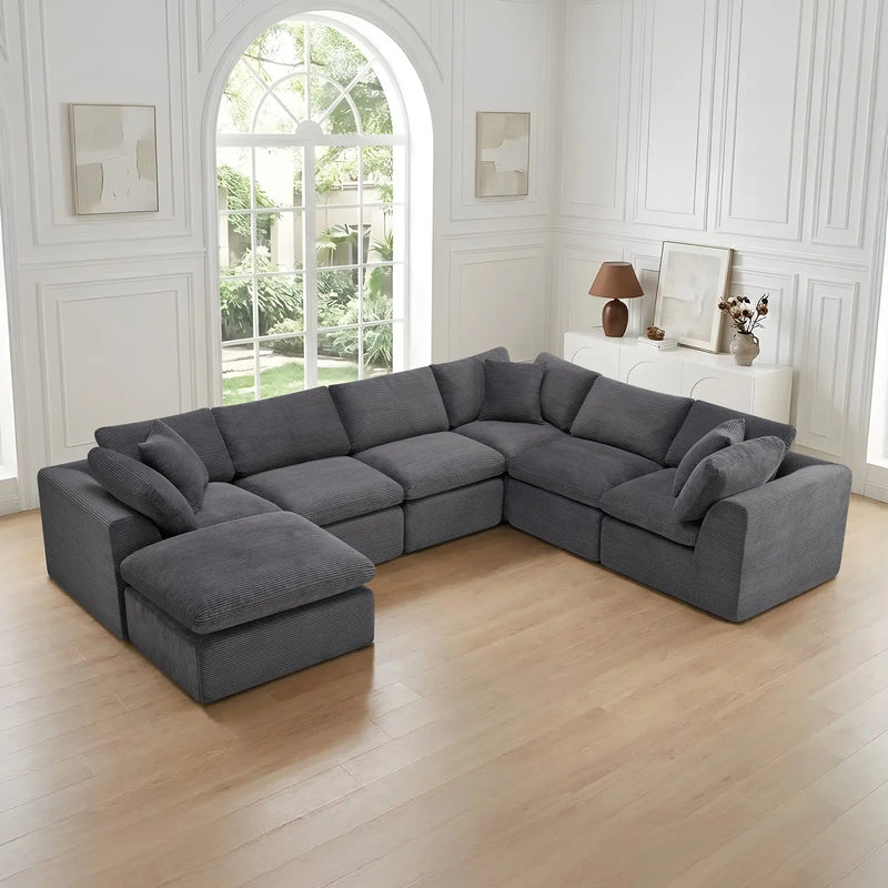 138" Dark Gray Corduroy Modular Sofa With Ottoman And Toss Pillows Homeroots Living Room