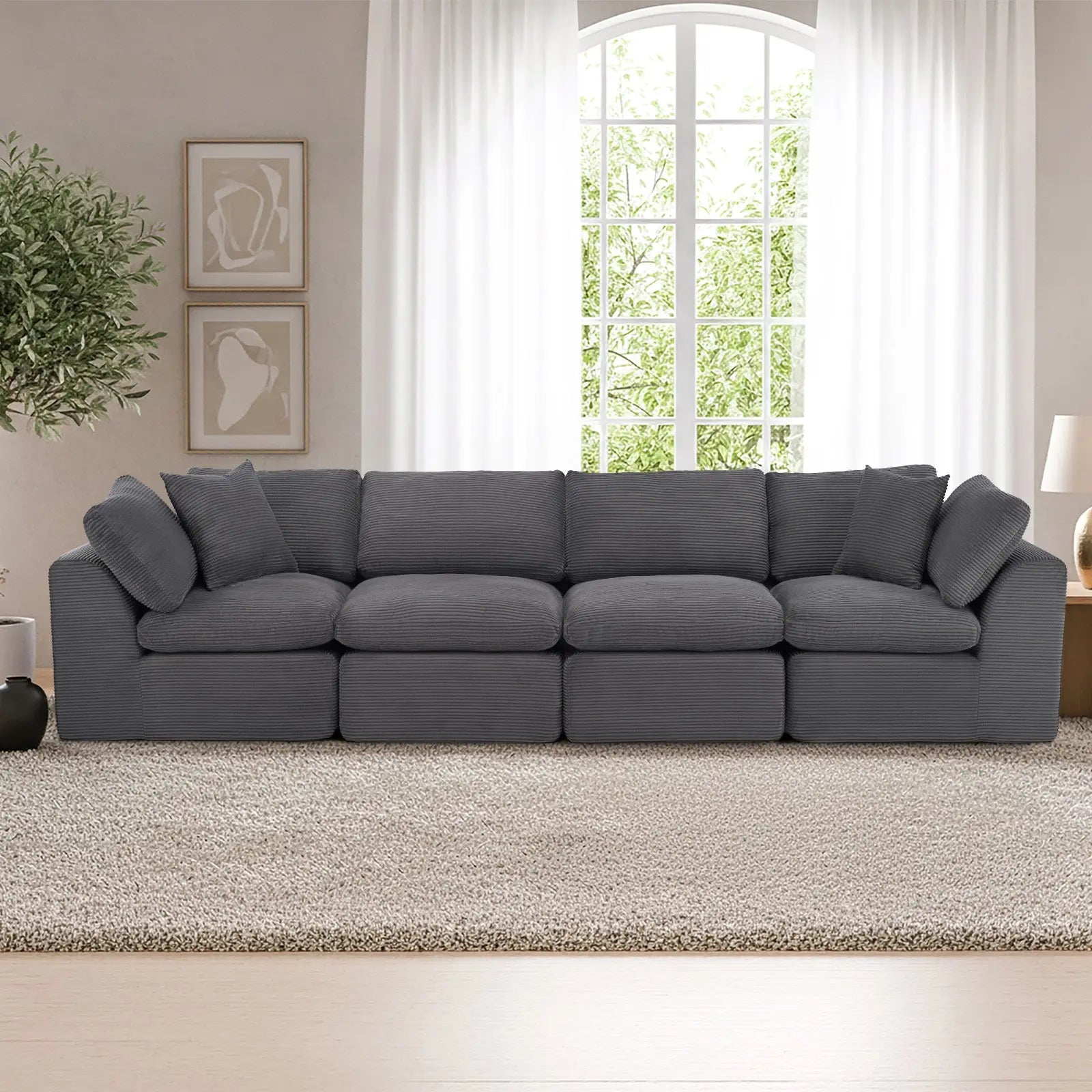 138" Dark Gray Corduroy Modular Sofa With Toss Pillows Homeroots Living Room