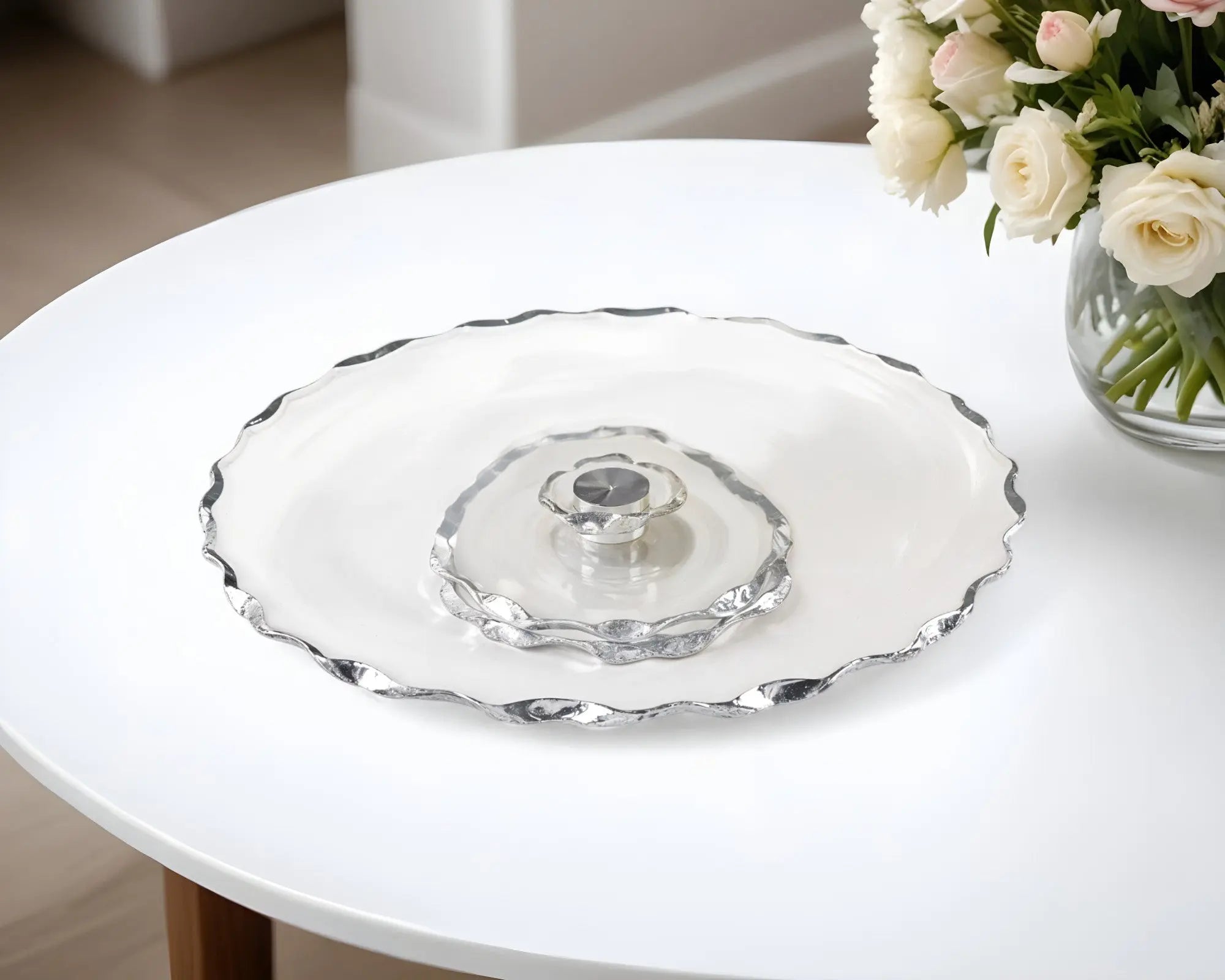 13" Clear And Silver Round Glass Hand Finished Lazy Susan Homeroots Kitchen & Dining