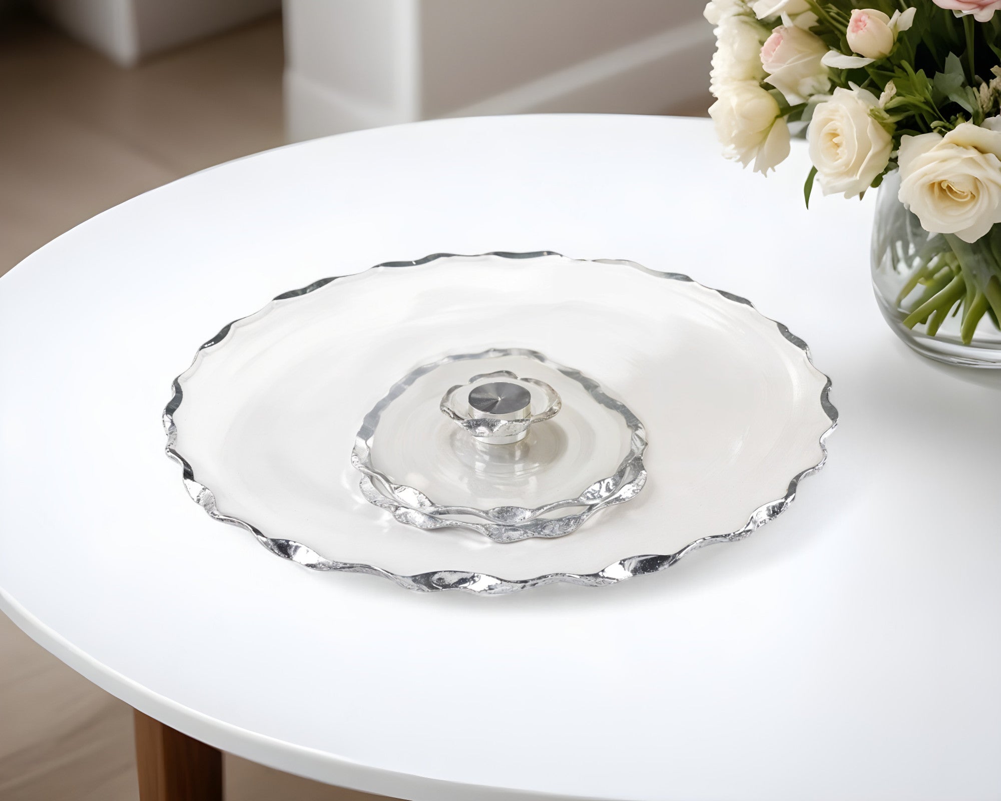 13" Clear And Silver Round Glass Hand Finished Lazy Susan Homeroots Kitchen & Dining