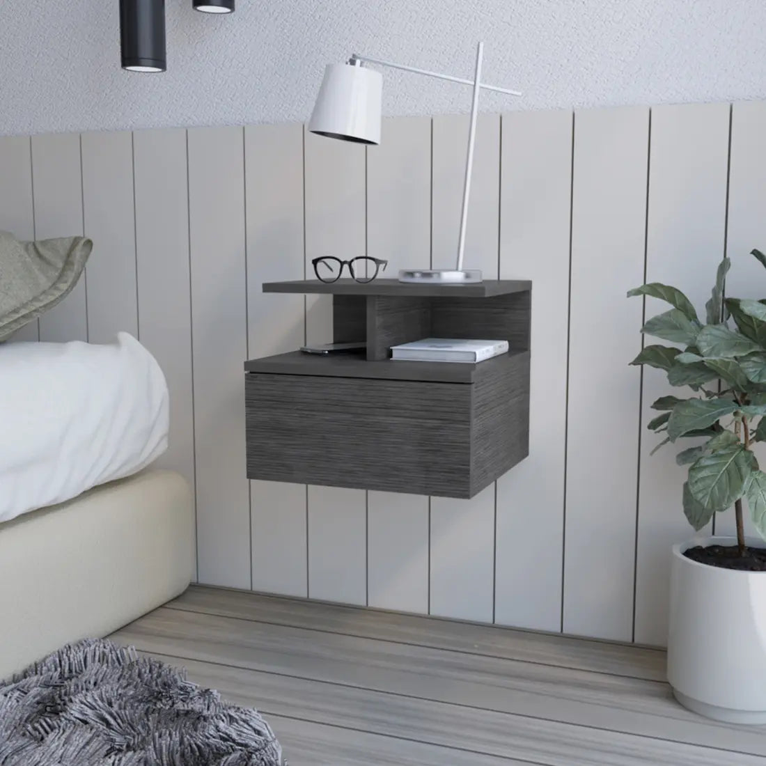13" Dark Gray Wood One Drawer Floating Nightstand Homeroots Bed & Bath