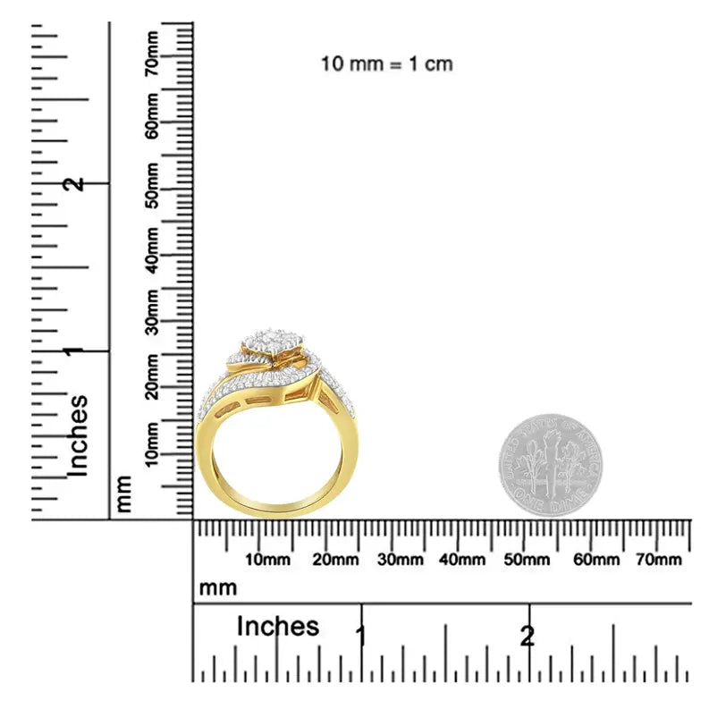14K Yellow Gold 1.0 Cttw Baguette & Brilliant-Cut Diamond Round Floral Cluster Engagement or Fashion Ring with Swirl Wrapped Triple Row Band (H-I Color, SI2-I1 Clarity) Luxcom