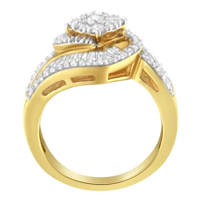 14K Yellow Gold 1.0 Cttw Baguette & Brilliant-Cut Diamond Round Floral Cluster Engagement or Fashion Ring with Swirl Wrapped Triple Row Band (H-I Color, SI2-I1 Clarity) Luxcom