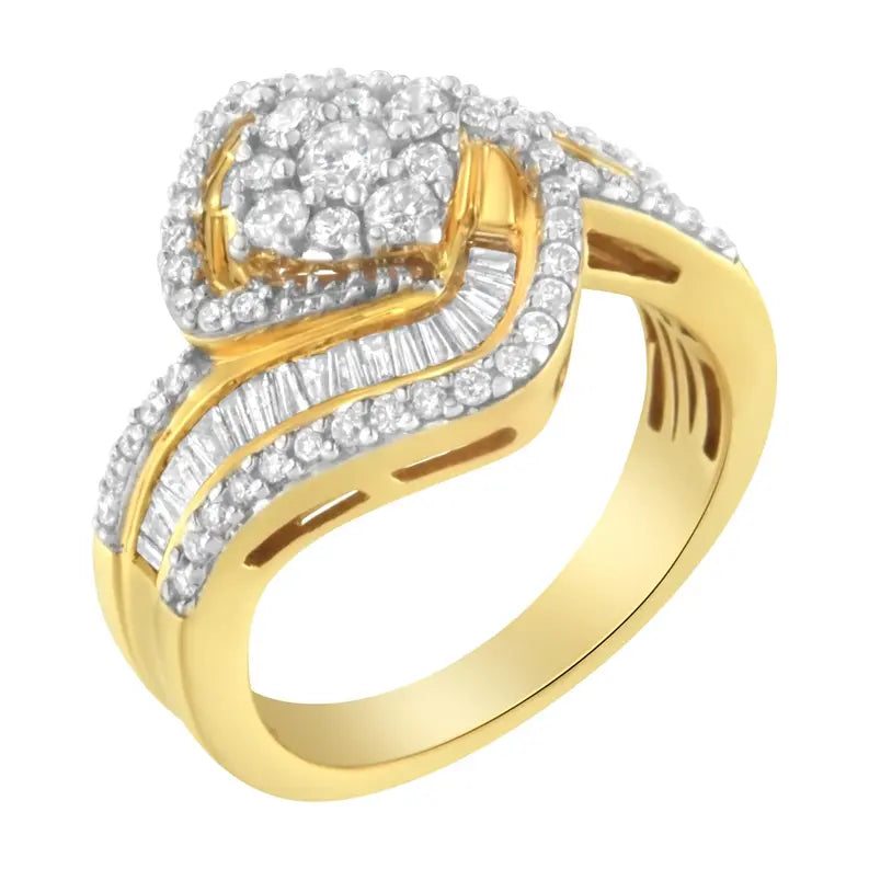 14K Yellow Gold 1.0 Cttw Baguette & Brilliant-Cut Diamond Round Floral Cluster Engagement or Fashion Ring with Swirl Wrapped Triple Row Band (H-I Color, SI2-I1 Clarity) Luxcom