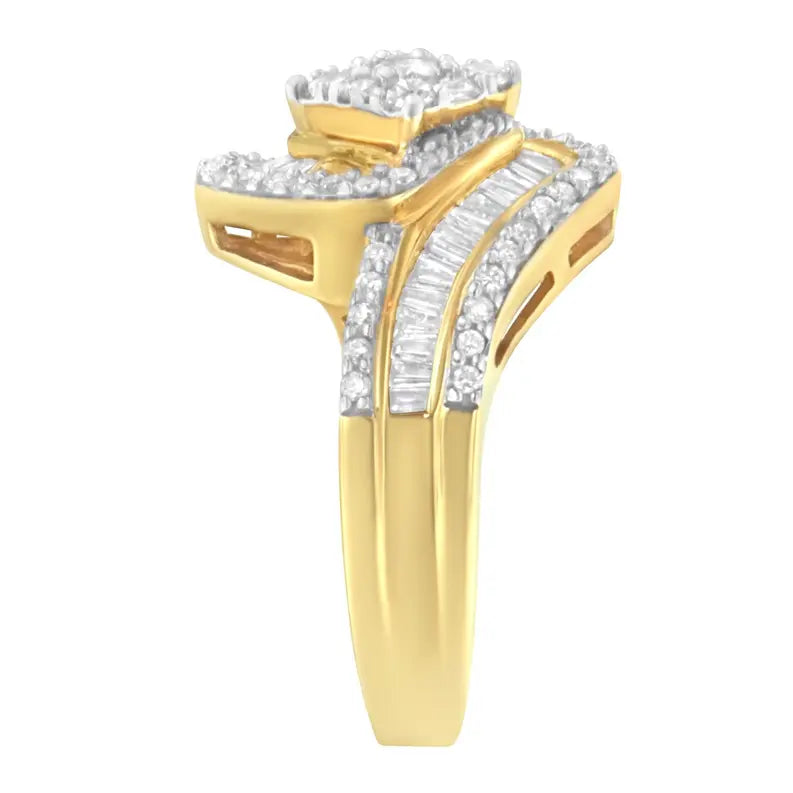 14K Yellow Gold 1.0 Cttw Baguette & Brilliant-Cut Diamond Round Floral Cluster Engagement or Fashion Ring with Swirl Wrapped Triple Row Band (H-I Color, SI2-I1 Clarity) Luxcom