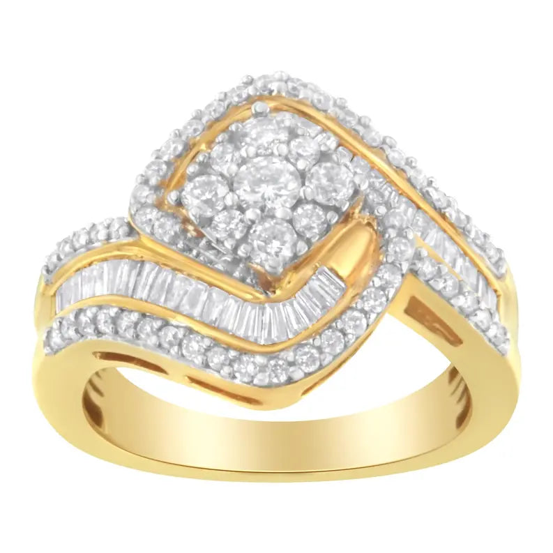 14K Yellow Gold 1.0 Cttw Baguette & Brilliant-Cut Diamond Round Floral Cluster Engagement or Fashion Ring with Swirl Wrapped Triple Row Band (H-I Color, SI2-I1 Clarity) Luxcom