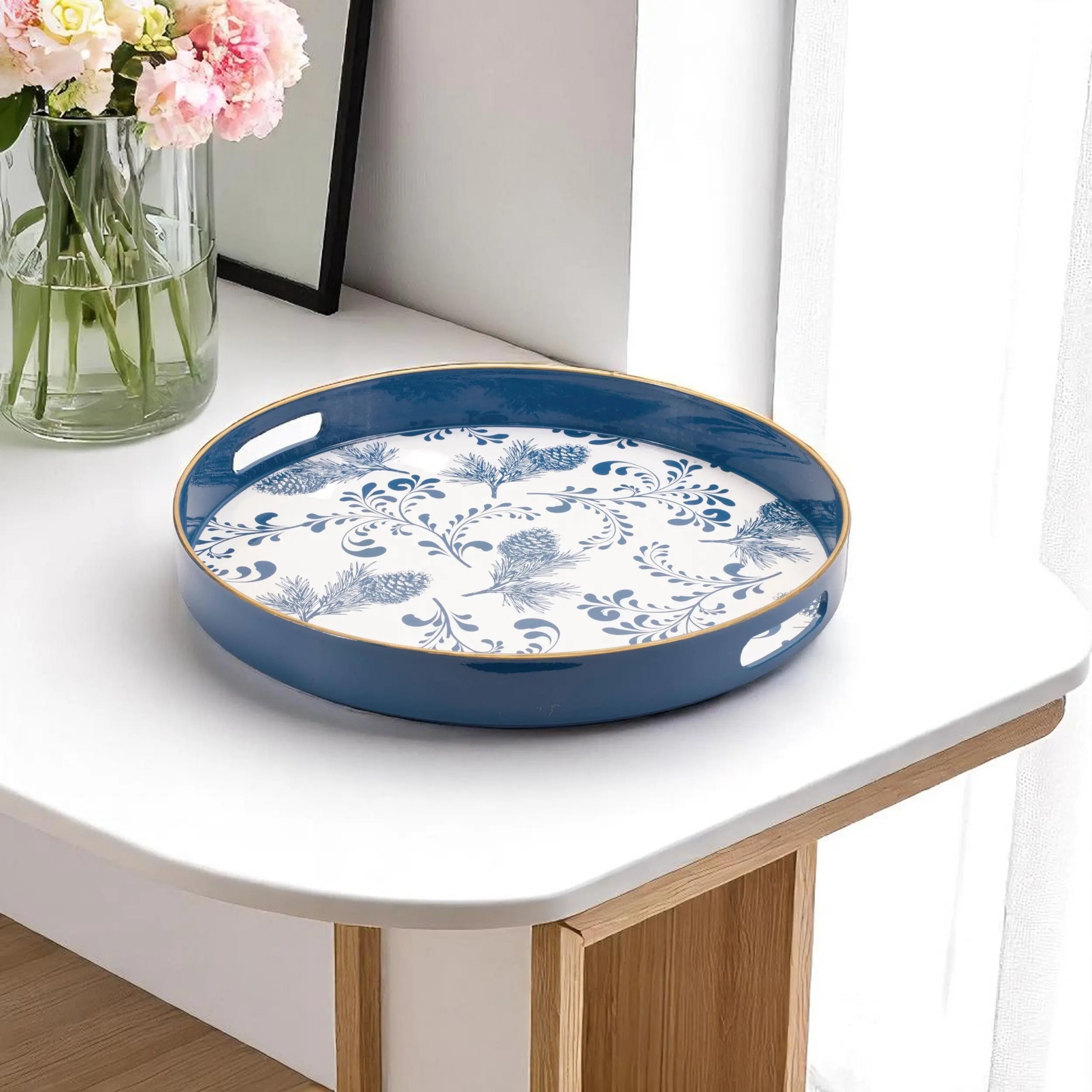 14" Blue White And Gold Pinecone Round Serving Tray Homeroots Kitchen & Dining